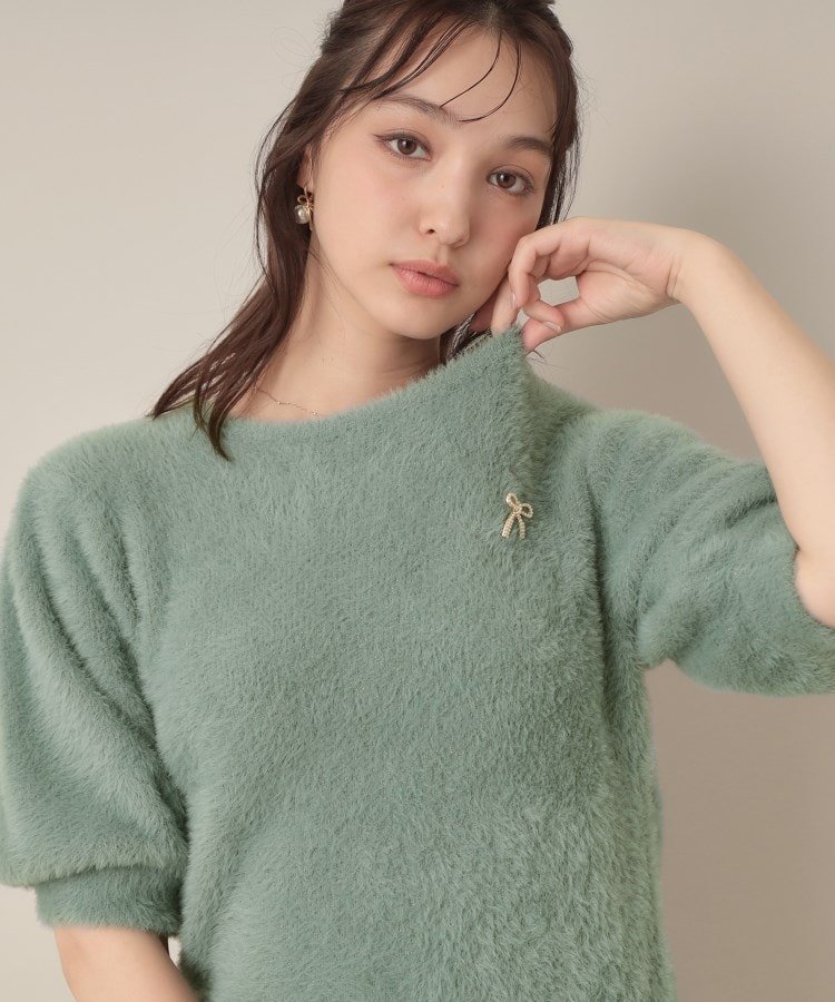 【クチュール ブローチ/Couture Brooch】の【着映え・5分袖・フェミニン】ラメフェザー半袖ニット インテリア・キッズ・メンズ・レディースファッション・服の通販 founy(ファニー) 　ファッション　Fashion　レディースファッション　Fashion for Women　トップス・カットソー　Cut & Sew Tops　ニット　Knit Tops & Sweaters　アンサンブル　Ensemble Set　パール　Pearl, Pearl Accent　フェザー　Feather, Feather Detail　フェザーヤーン　Feather Yarn, Fluffy Yarn　フェミニン　Feminine, Girly　ボックス　Boxy, Box Shape　モチーフ　Motif, Design Theme　リボン　Ribbon, Bow　ワンポイント　One Point, Statement Accent　半袖　Short Sleeve, Half Sleeve　ミントグリーン|ID: prp329100004693673 ipo3291000000033891250