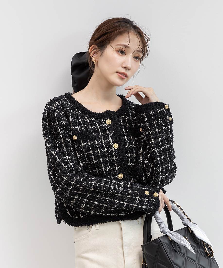 【ランダ/RANDA】のツイードニットカーディガン インテリア・キッズ・メンズ・レディースファッション・服の通販 founy(ファニー) 　ファッション　Fashion　レディースファッション　Fashion for Women　トップス・カットソー　Cut & Sew Tops　ニット　Knit Tops & Sweaters　カーディガン・羽織り　Layered Style Cardigans　おすすめ　Recommended / Our Picks　クラシカル　Classical, Vintage-Inspired　クロップド　Cropped, Short Length　ジャケット　Jacket, Outerwear　ダウン　Down, Puffer　ツイード　Twill, Twill Weave　デニム　Denim, Jeans Material　トレンド　Trend, Trending Now　フレア　Flare, Flared　ワイド　Wide, Wide Fit　エレガント 上品　Elegant　BLACK|ID: prp329100004693725 ipo3291000000033891559
