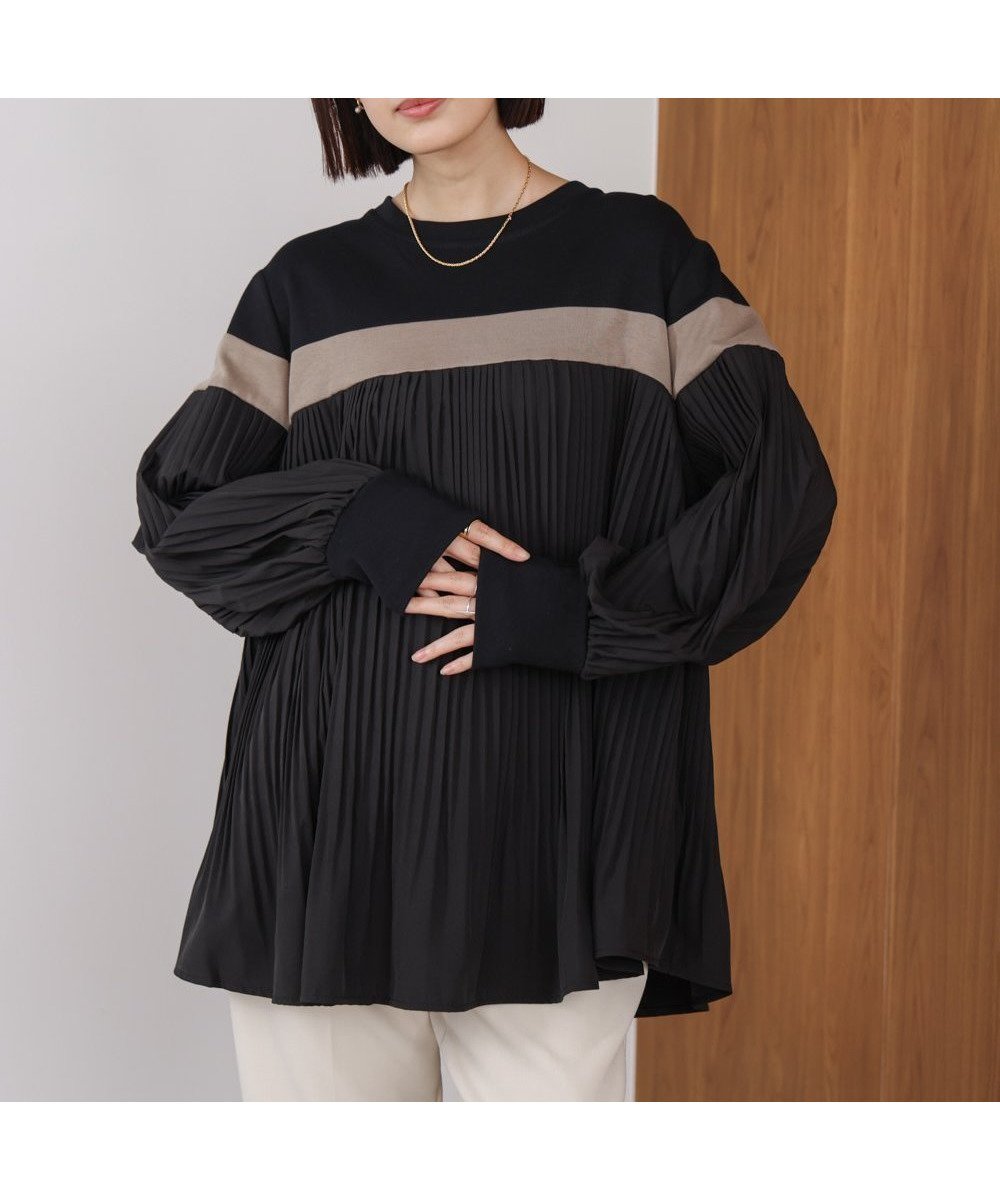 【バブ ブージュルード/Bab Bou Jeloud】の配色ラインプリーツプルオーバー インテリア・キッズ・メンズ・レディースファッション・服の通販 founy(ファニー) 　ファッション　Fashion　レディースファッション　Fashion for Women　トップス・カットソー　Cut & Sew Tops　カジュアルプルオーバー・ニットトップス　Pullovers & Knit Tops / Casual Pullovers　カットソー　Cut and Sewn Top　チュニック　Tunic, Long Top　ドッキング　Docking, Mixed Material　プリーツ　Pleats, Pleated　エレガント 上品　Elegant　再入荷　Restock / Back in Stock　BLACK|ID: prp329100004693865 ipo3291000000033975549