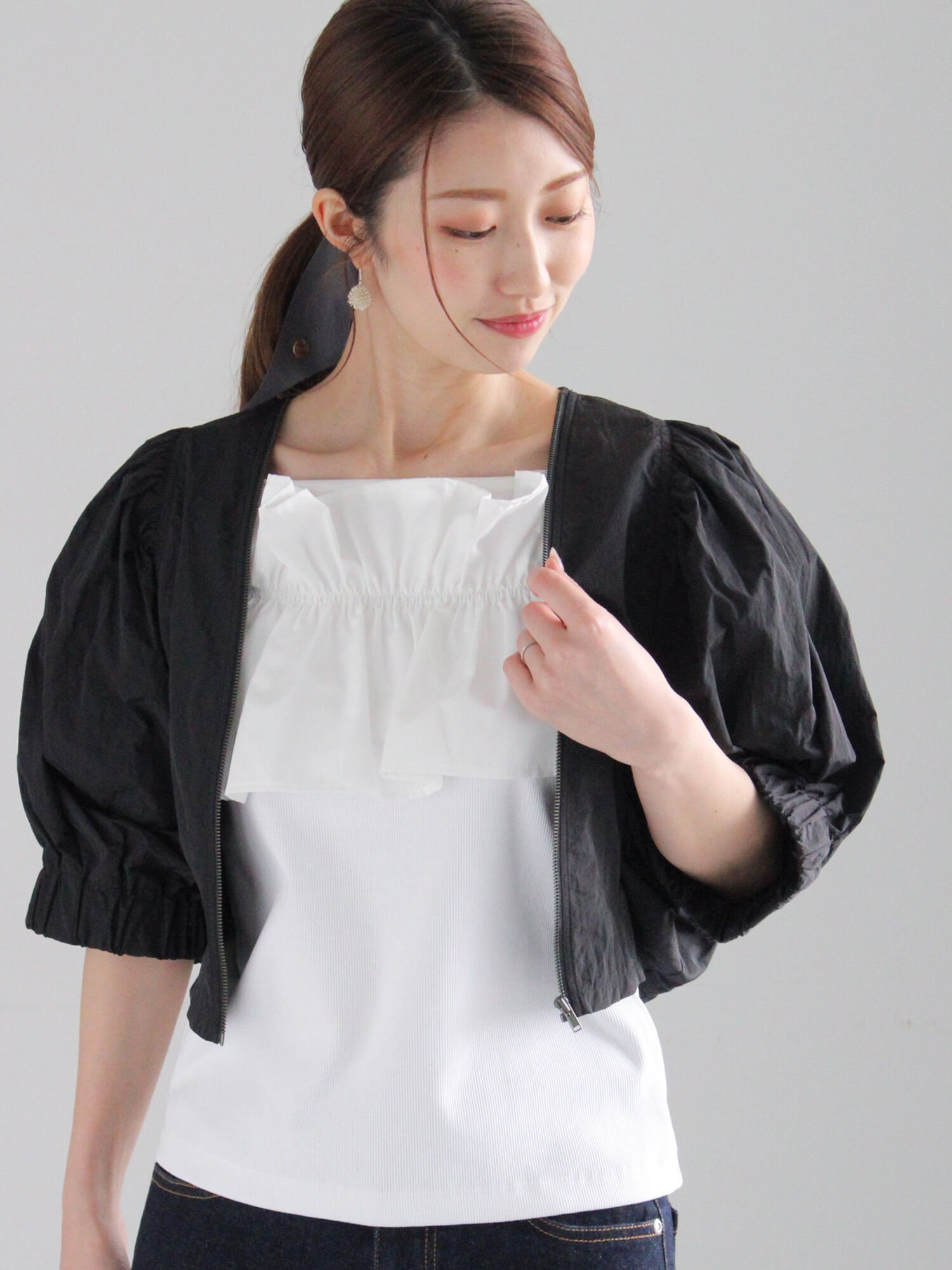【テチチ/Te chichi】のバルーンスリーブショートブルゾン インテリア・キッズ・メンズ・レディースファッション・服の通販 founy(ファニー) 　ファッション　Fashion　レディースファッション　Fashion for Women　アウター　Coat / Outerwear Collection　ブルゾンジャケット・スポーティアウター　Blouson Jackets　スリーブ　Sleeve, Long Sleeve / Short Sleeve　ブルゾン　Blouson, Bomber Jacket　エレガント 上品　Elegant　ブラック|ID: prp329100004693871 ipo3291000000033892587