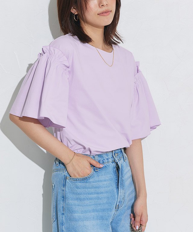 【ピエロ/Pierrot】のドライタッチフリルギャザースリーブTシャツ インテリア・キッズ・メンズ・レディースファッション・服の通販 founy(ファニー) 　ファッション　Fashion　レディースファッション　Fashion for Women　トップス・カットソー　Cut & Sew Tops　シャツ・ブラウス・オフィスカジュアル　Elegant Blouses & Button-Ups　ロングTシャツ・Tシャツ　Longline T-Shirts & Tees　ギャザー　Gathered, Ruffled　フリル　Frill, Ruffle　フレア　Flare, Flared　吸水　Absorbent, Quick-Dry　夏　Summer　ラベンダー|ID: prp329100004693947 ipo3291000000033893608