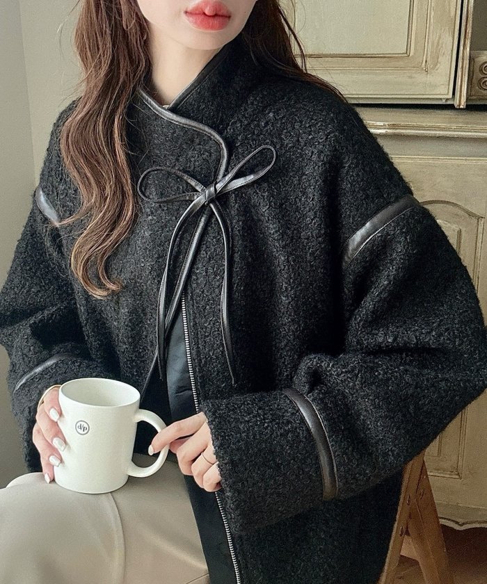 【ジュノア/JUNOAH】のMeiru レザーボアライトジャケット インテリア・キッズ・メンズ・レディースファッション・服の通販 founy(ファニー) https://founy.com/ ファッション Fashion レディースファッション Fashion for Women アウター Coat / Outerwear Collection レディースジャケット・軽アウター Jackets パイピング Piping, Trim Design リボン Ribbon, Bow |ID: prp329100004693994 ipo3291000000033894019