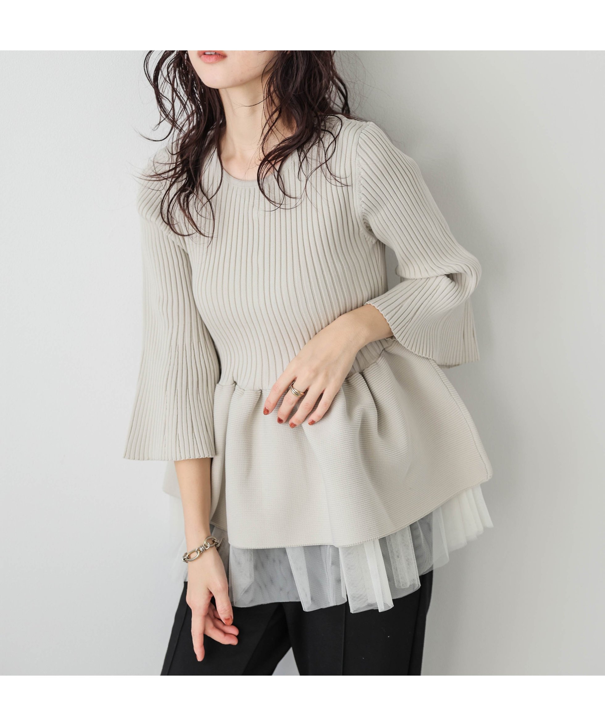 【ラジュール/Lajour】の2Wayペプラムニット 人気、トレンドファッション・服の通販 founy(ファニー) 　ファッション　Fashion　レディースファッション　Fashion for Women　トップス・カットソー　Cut & Sew Tops　ニット　Knit Tops & Sweaters　アクリル　Acrylic Material　スリーブ　Sleeve, Long Sleeve / Short Sleeve　チュール　Tulip, Tulip Motif　パール　Pearl, Pearl Accent　フェミニン　Feminine, Girly　フォルム　Silhouette, Form　フレア　Flare, Flared　ペプラム　Peplum, Flared Hem　エレガント 上品　Elegant　日本製　Made In Japan　 other-1|ID: prp329100004694104 ipo3291000000033894843