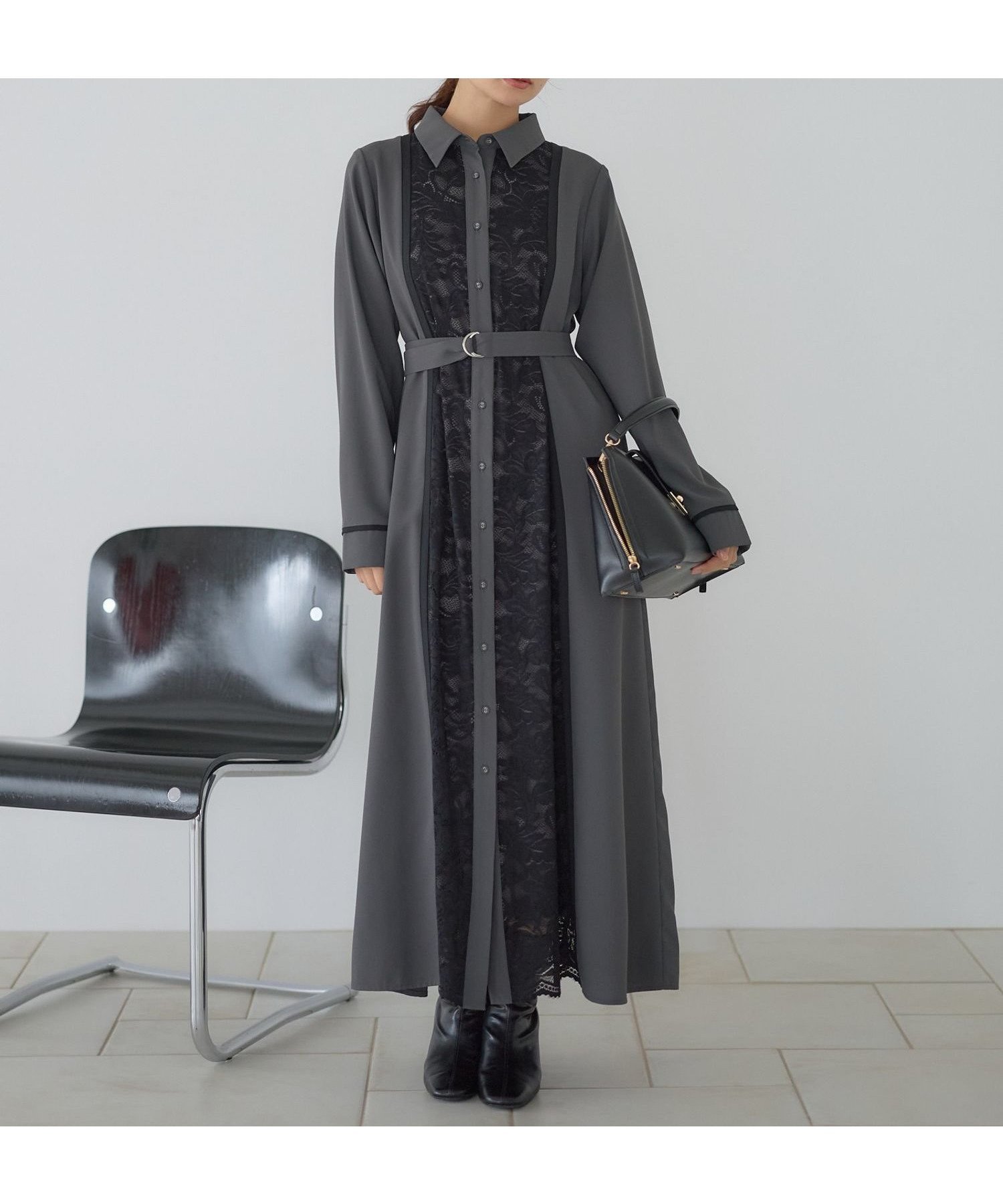 【アンデミュウ/Andemiu】の【選べる着丈】フロントレースキリカエワンピース インテリア・キッズ・メンズ・レディースファッション・服の通販 founy(ファニー) 　ファッション　Fashion　レディースファッション　Fashion for Women　ワンピース　Dresses　ジョーゼット　Georgette, Semi-Sheer Fabric　フェミニン　Feminine, Girly　フロント　Front, Front Design　レース　Lace, Lace Fabric　エレガント 上品　Elegant　チャコール|ID: prp329100004694203 ipo3291000000034644750