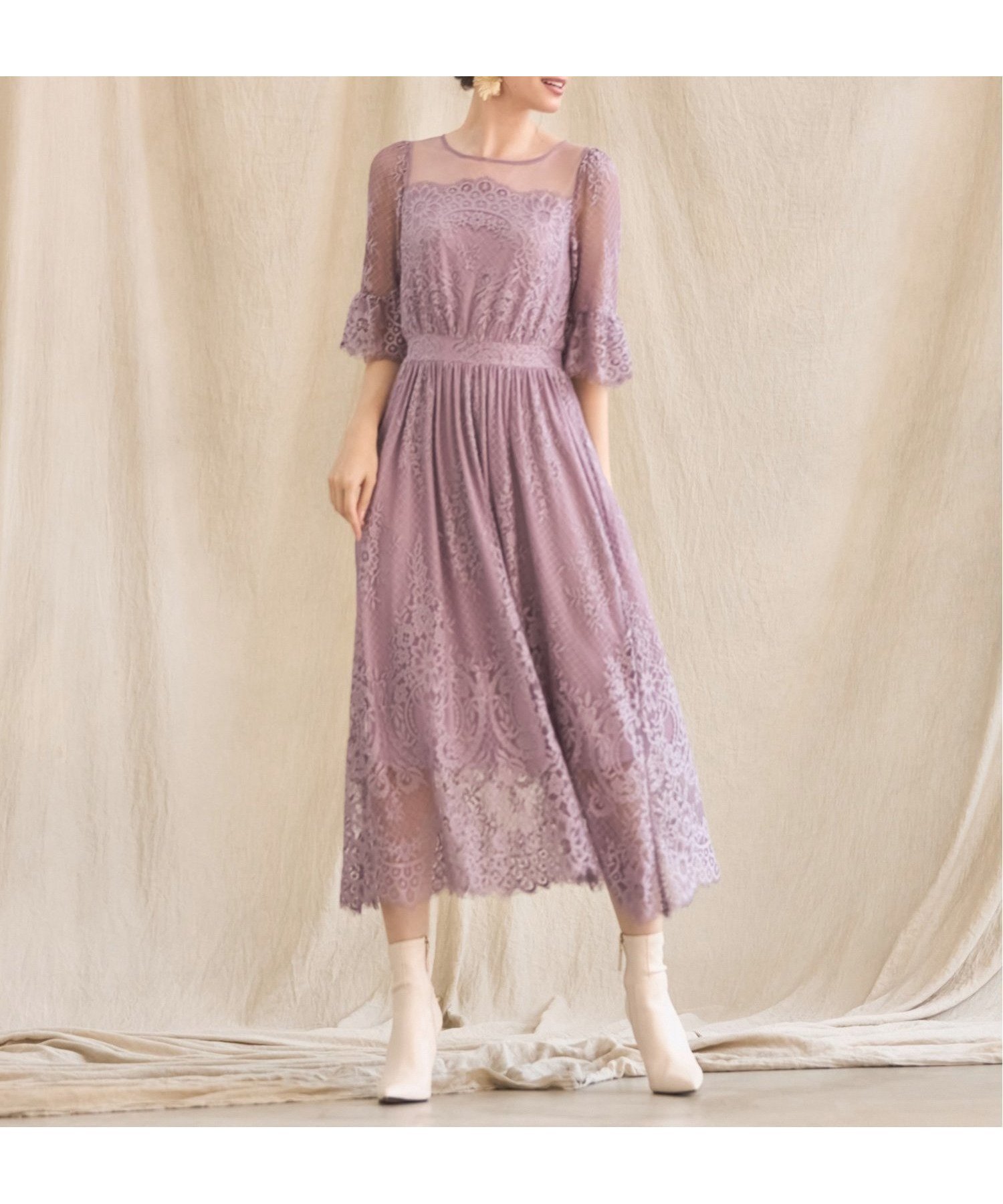 【ドレス/DRESS+】のワンピース ドレス レース チュール フレア Aライン ミモレ丈 パーティードレス 結婚式 インテリア・キッズ・メンズ・レディースファッション・服の通販 founy(ファニー) 　ファッション　Fashion　レディースファッション　Fashion for Women　ワンピース　Dresses　フォーマル・パーティードレス・結婚式用ドレス　Elegant & Casual Dresses　シアー　Sheer, See-Through　スカラップ　Scallop, Scalloped Edge　チュール　Tulip, Tulip Motif　ドレス　Dress, One-Piece　フェミニン　Feminine, Girly　フレア　Flare, Flared　ヨーク　Yoke, Yoke Design　レース　Lace, Lace Fabric　エレガント 上品　Elegant　結婚式　Wedding　ラベンダー|ID: prp329100004694249 ipo3291000000033895859