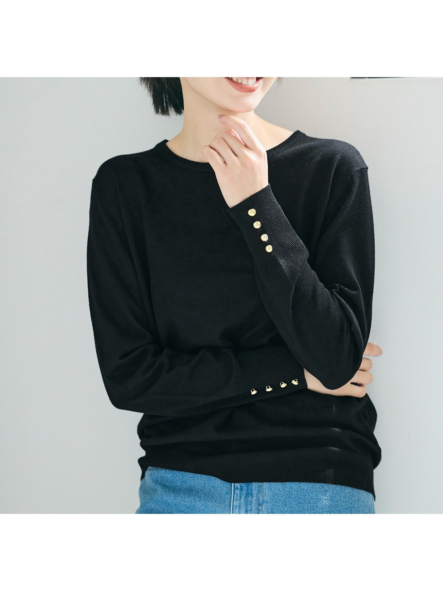 【コカ/COCA】の袖金ボタンニットトップス インテリア・キッズ・メンズ・レディースファッション・服の通販 founy(ファニー) 　ファッション　Fashion　レディースファッション　Fashion for Women　トップス・カットソー　Cut & Sew Tops　ニット　Knit Tops & Sweaters　シンプル　Simple, Minimal　スラックス　Slacks, Dress Pants　デニム　Denim, Jeans Material　長袖　Long Sleeve, Full Sleeve　フィット　Fit, Slim Fit　ポケット　Pocket, Pocket Detail　ロング　Long, Long-Length　ワイド　Wide, Wide Fit　エレガント 上品　Elegant　2025年　2025　2025-2026秋冬・A/W　Autumn/Winter 2025–26 AW25–26　Black|ID: prp329100004694487 ipo3291000000033897851
