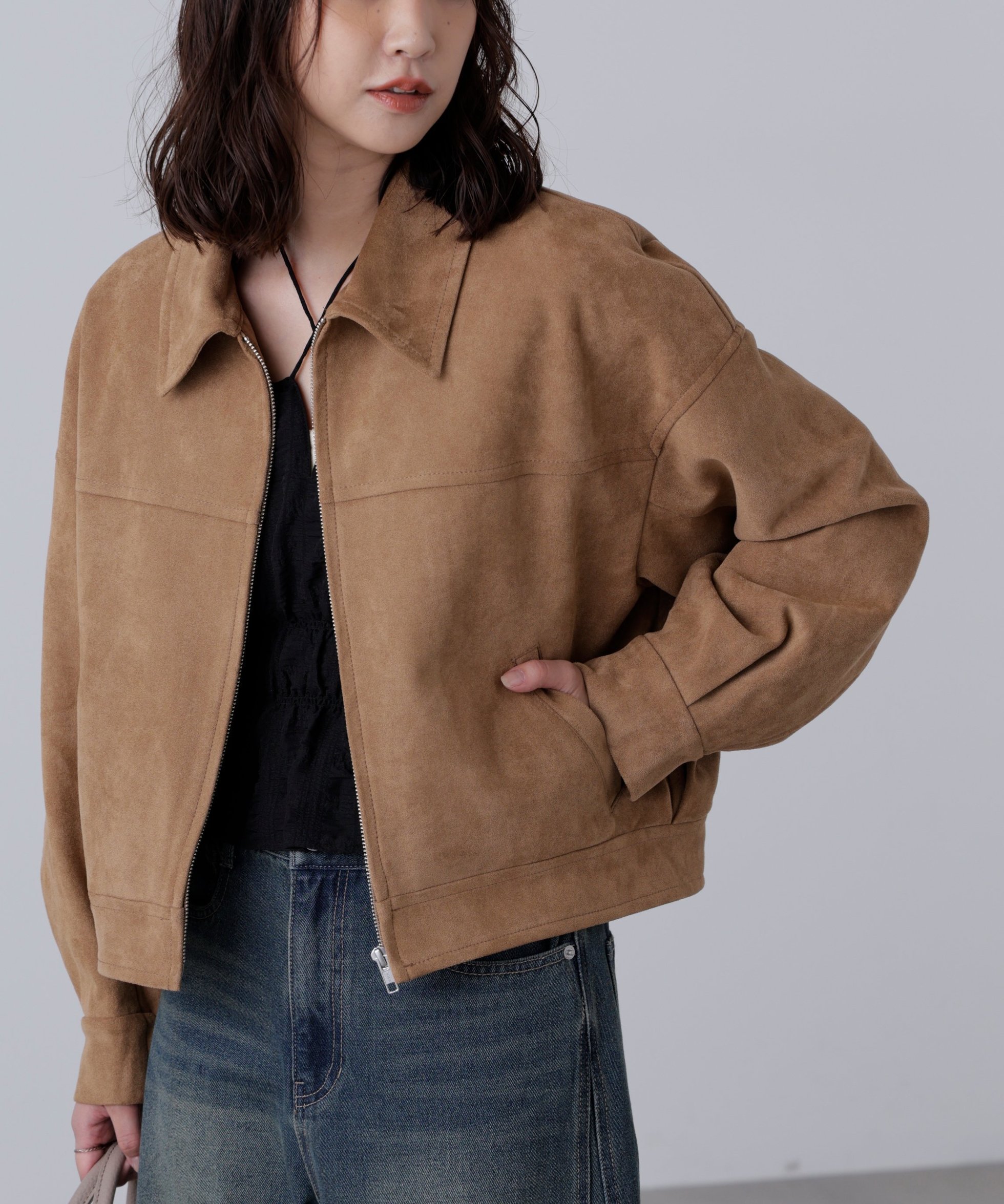【フリーズマート/FREE'S MART】の合皮ジップアップブルゾン インテリア・キッズ・メンズ・レディースファッション・服の通販 founy(ファニー) 　ファッション　Fashion　レディースファッション　Fashion for Women　アウター　Coat / Outerwear Collection　ブルゾンジャケット・スポーティアウター　Blouson Jackets　おすすめ　Recommended / Our Picks　ギャザー　Gathered, Ruffled　ショート　Short, Short Length　スウェット / スエット　Sweatshirt, Sweatwear　フェイクレザー　Faux Leather, PU Leather　フォルム　Silhouette, Form　ブルゾン　Blouson, Bomber Jacket　リアル　Real, Realistic　ベージュスエード1|ID: prp329100004694584 ipo3291000000033898847