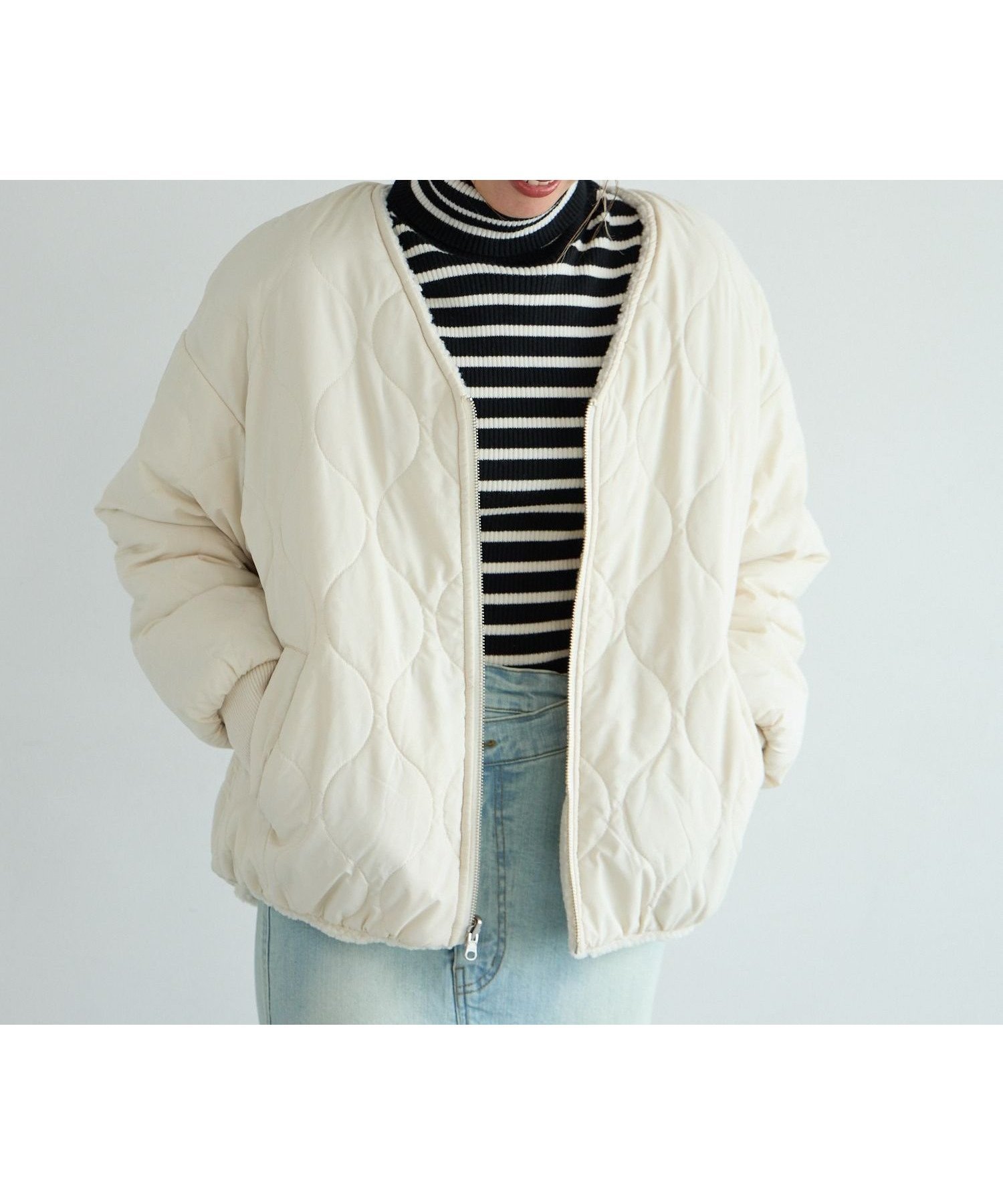 【ベイフロー/BAYFLOW】のボアとキルトで着回し可能 ボアリバーシブルブルゾン 人気、トレンドファッション・服の通販 founy(ファニー) 　ファッション　Fashion　レディースファッション　Fashion for Women　アウター　Coat / Outerwear Collection　ブルゾンジャケット・スポーティアウター　Blouson Jackets　おすすめ　Recommended / Our Picks　キルト　Quilt, Quilted Fabric　ギャザー　Gathered, Ruffled　タートル　Turtleneck, Turtle Collar　ハイネック　High Neck, Mock Neck　ブルゾン　Blouson, Bomber Jacket　リバーシブル　Reversible, Two-Sided　 other-1|ID: prp329100004694639 ipo3291000000033899258