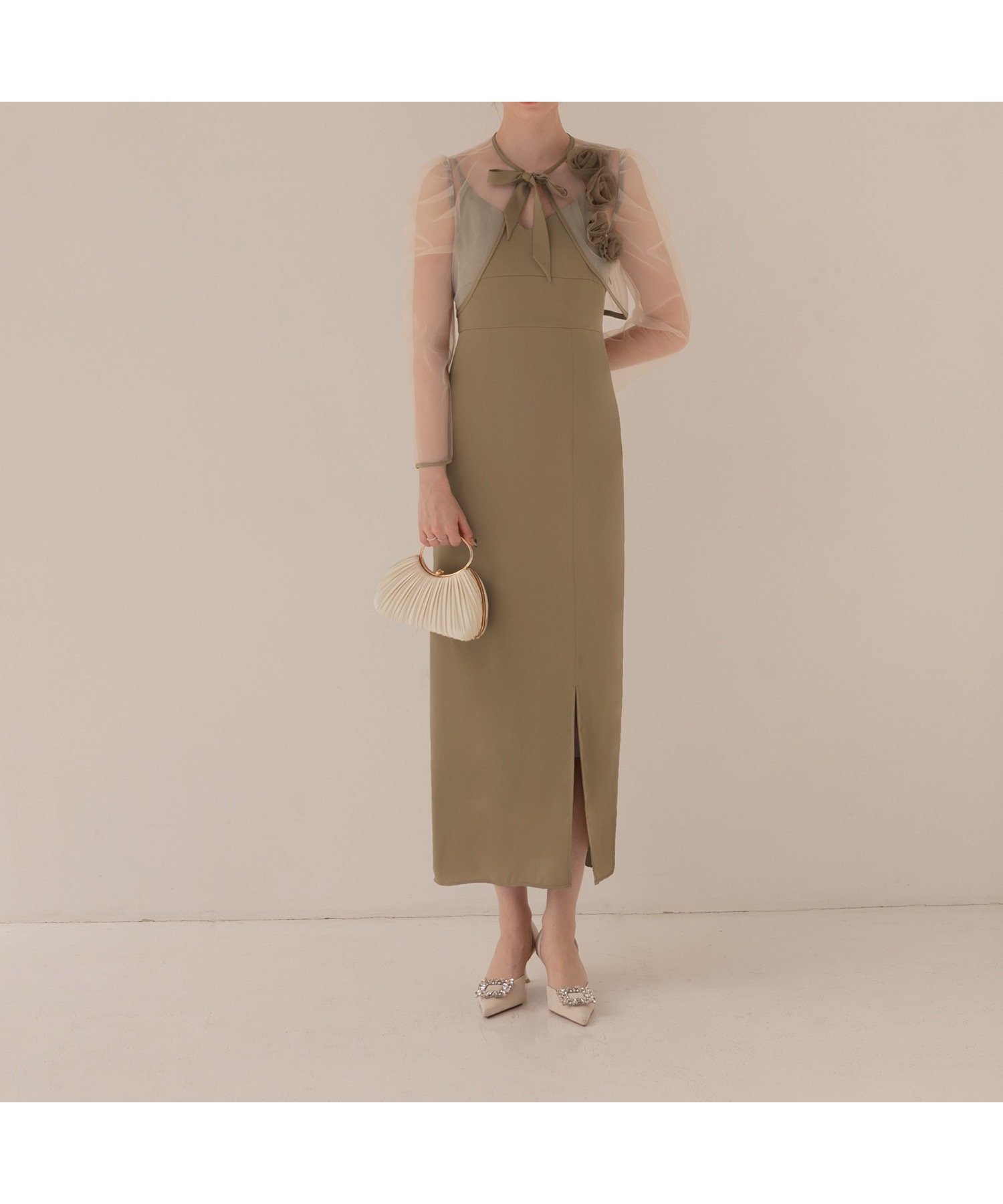 【レジャ/Leja】のLEJA-ローズボレロシアースリーブIラインワンピースドレス 結婚式 レディース インテリア・キッズ・メンズ・レディースファッション・服の通販 founy(ファニー) 　ファッション　Fashion　レディースファッション　Fashion for Women　アウター　Coat / Outerwear Collection　ボレロ・ショート丈ジャケット / ドレス羽織りに　Boleros & Short Jackets　ワンピース　Dresses　フォーマル・パーティードレス・結婚式用ドレス　Elegant & Casual Dresses　エレガント 上品　Elegant　オケージョン　Occasion Wear　シアー　Sheer, See-Through　ドレス　Dress, One-Piece　フェミニン　Feminine, Girly　フォーマル　Formal, Dressy　フロント　Front, Front Design　マーメイド　Mermaid, Fishtail Silhouette　モチーフ　Motif, Design Theme　リボン　Ribbon, Bow　ローズ　Rose, Rose Motif　ワンポイント　One Point, Statement Accent　結婚式　Wedding　披露宴　Wedding Reception　二次会　After Party　GREEN|ID: prp329100004694690 ipo3291000000033899842