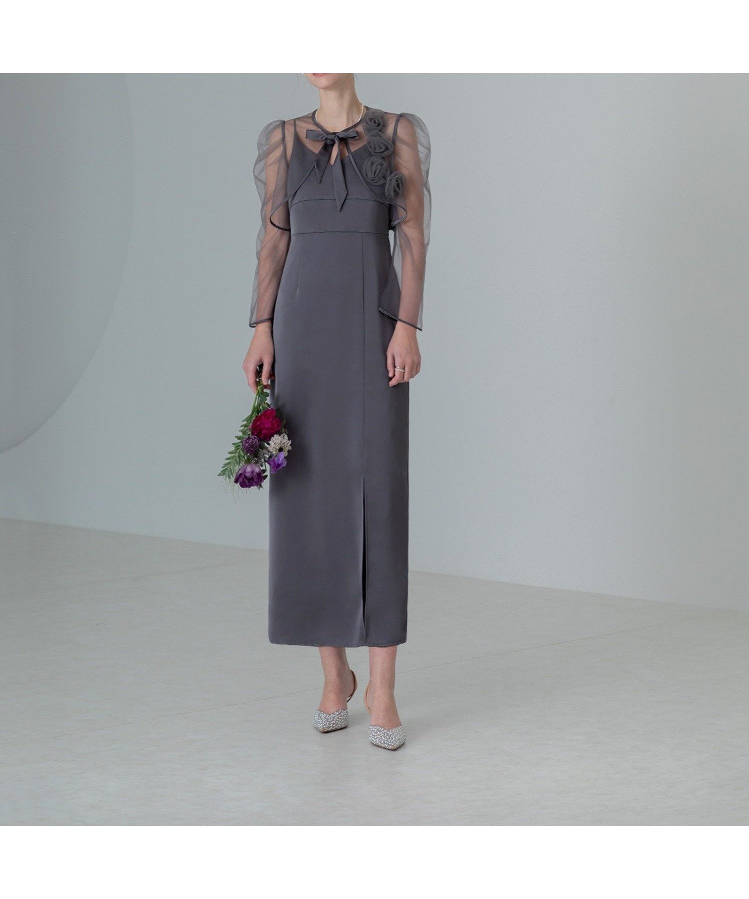【レジャ/Leja】のLEJA-ローズボレロシアースリーブIラインワンピースドレス 結婚式 レディース インテリア・キッズ・メンズ・レディースファッション・服の通販 founy(ファニー) 　ファッション　Fashion　レディースファッション　Fashion for Women　アウター　Coat / Outerwear Collection　ボレロ・ショート丈ジャケット / ドレス羽織りに　Boleros & Short Jackets　ワンピース　Dresses　フォーマル・パーティードレス・結婚式用ドレス　Elegant & Casual Dresses　エレガント 上品　Elegant　オケージョン　Occasion Wear　シアー　Sheer, See-Through　ドレス　Dress, One-Piece　フェミニン　Feminine, Girly　フォーマル　Formal, Dressy　フロント　Front, Front Design　マーメイド　Mermaid, Fishtail Silhouette　モチーフ　Motif, Design Theme　リボン　Ribbon, Bow　ローズ　Rose, Rose Motif　ワンポイント　One Point, Statement Accent　結婚式　Wedding　披露宴　Wedding Reception　二次会　After Party　GRAY|ID: prp329100004694690 ipo3291000000033899843