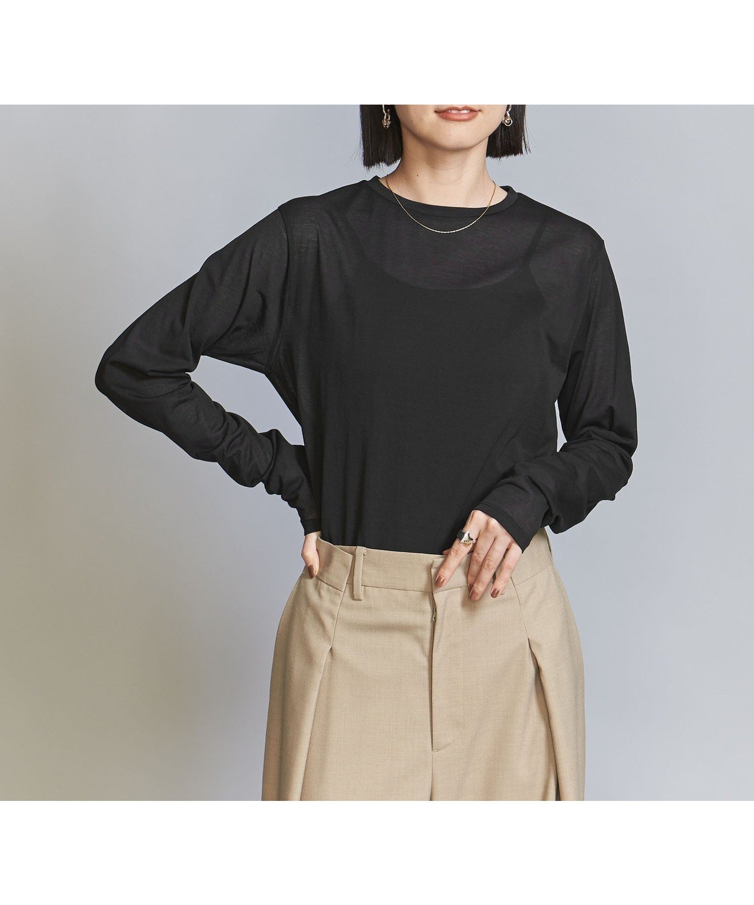 【ユナイテッドアローズ/UNITED ARROWS】のコットンナイロン天竺 シアー クルーネック Tシャツ インテリア・キッズ・メンズ・レディースファッション・服の通販 founy(ファニー) 　ファッション　Fashion　レディースファッション　Fashion for Women　トップス・カットソー　Cut & Sew Tops　シャツ・ブラウス・オフィスカジュアル　Elegant Blouses & Button-Ups　ロングTシャツ・Tシャツ　Longline T-Shirts & Tees　おすすめ　Recommended / Our Picks　インナー　Innerwear　カットソー　Cut and Sewn Top　カーディガン　Cardigan, Knitwear　シアー　Sheer, See-Through　ジャケット　Jacket, Outerwear　スリーブ　Sleeve, Long Sleeve / Short Sleeve　トレンド　Trend, Trending Now　フェミニン　Feminine, Girly　ロング　Long, Long-Length　定番　Standard, Basic Item　秋　Autumn　BLACK|ID: prp329100004694821 ipo3291000000033900989