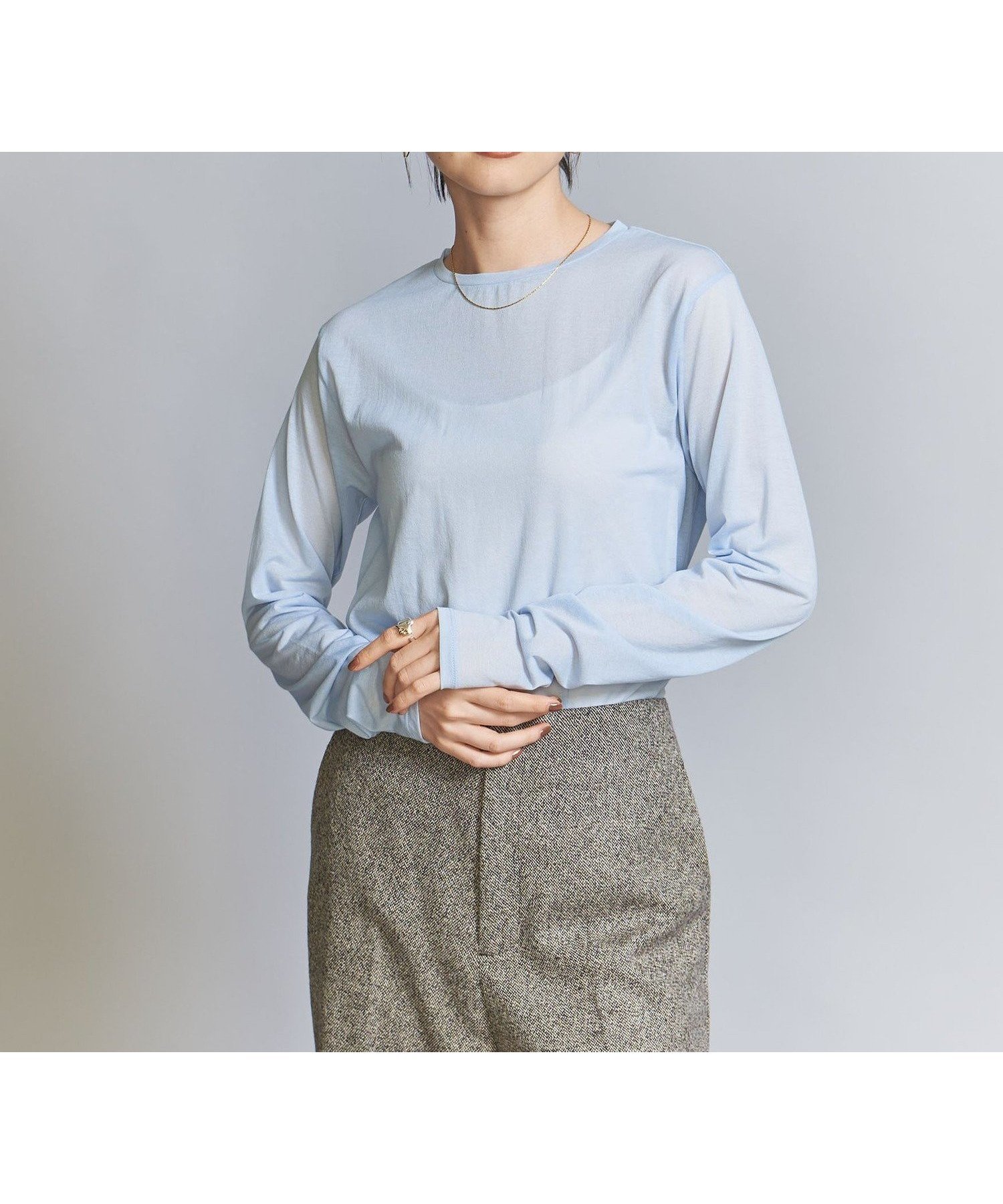 【ユナイテッドアローズ/UNITED ARROWS】のコットンナイロン天竺 シアー クルーネック Tシャツ インテリア・キッズ・メンズ・レディースファッション・服の通販 founy(ファニー) 　ファッション　Fashion　レディースファッション　Fashion for Women　トップス・カットソー　Cut & Sew Tops　シャツ・ブラウス・オフィスカジュアル　Elegant Blouses & Button-Ups　ロングTシャツ・Tシャツ　Longline T-Shirts & Tees　おすすめ　Recommended / Our Picks　インナー　Innerwear　カットソー　Cut and Sewn Top　カーディガン　Cardigan, Knitwear　シアー　Sheer, See-Through　ジャケット　Jacket, Outerwear　スリーブ　Sleeve, Long Sleeve / Short Sleeve　トレンド　Trend, Trending Now　フェミニン　Feminine, Girly　ロング　Long, Long-Length　定番　Standard, Basic Item　秋　Autumn　LT.BLUE|ID: prp329100004694821 ipo3291000000033900998