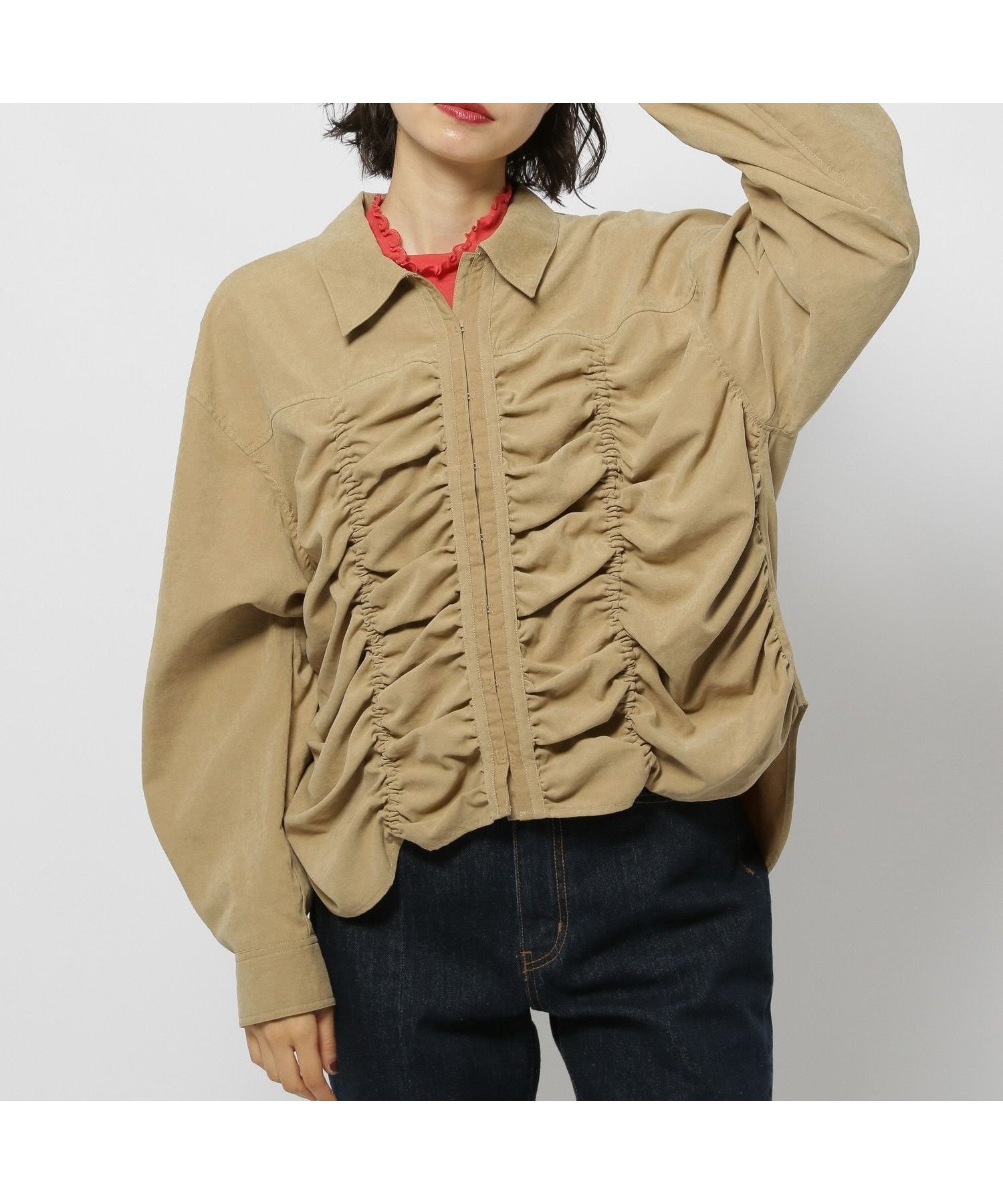 【ニコアンド/niko and】のクシュクシュピーチブラウス インテリア・キッズ・メンズ・レディースファッション・服の通販 founy(ファニー) 　ファッション　Fashion　レディースファッション　Fashion for Women　トップス・カットソー　Cut & Sew Tops　シャツ・ブラウス・オフィスカジュアル　Elegant Blouses & Button-Ups　おすすめ　Recommended / Our Picks　なめらか　Smooth, Silky Texture　ギャザー　Gathered, Ruffled　ショルダー　Shoulder, Shoulder Strap　デニム　Denim, Jeans Material　ドロップ　Drop Shoulder, Dropped Style　バランス　Balance, Style Balance　ピーチ　Peach, Soft Touch　フェミニン　Feminine, Girly　フロント　Front, Front Design　ボトム　Bottoms, Lower Wear　ベージュ|ID: prp329100004695057 ipo3291000000033903319