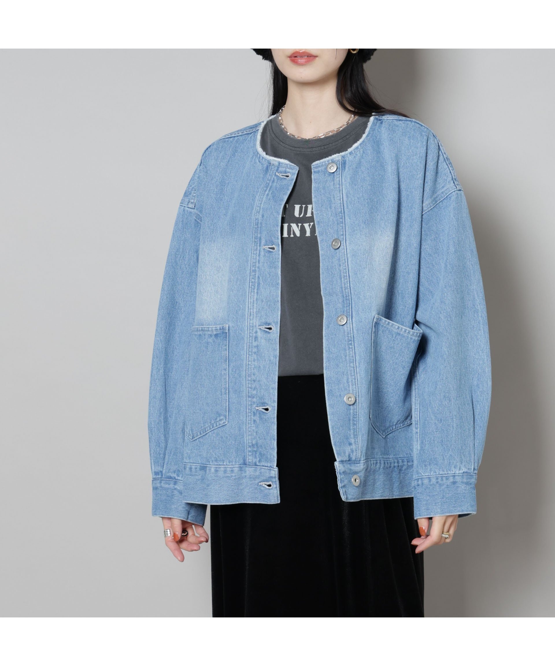 【ナノ ユニバース/nano universe】のノーカラーデニムジャケット インテリア・キッズ・メンズ・レディースファッション・服の通販 founy(ファニー) 　ファッション　Fashion　レディースファッション　Fashion for Women　アウター　Coat / Outerwear Collection　レディースジャケット・軽アウター　Jackets　デニムジャケット / カジュアルアウター　Denim Jackets　アクセサリー　Fashion Accessories　インナー　Innerwear　ヴィンテージ　Vintage Style　ジャケット　Jacket, Outerwear　デニム　Denim, Jeans Material　フリンジ　Fringe, Tassel　おすすめ　Recommended / Our Picks　エレガント 上品　Elegant　2025年　2025　2025-2026秋冬・A/W　Autumn/Winter 2025–26 AW25–26　L.ブルー1|ID: prp329100004695362 ipo3291000000033905521