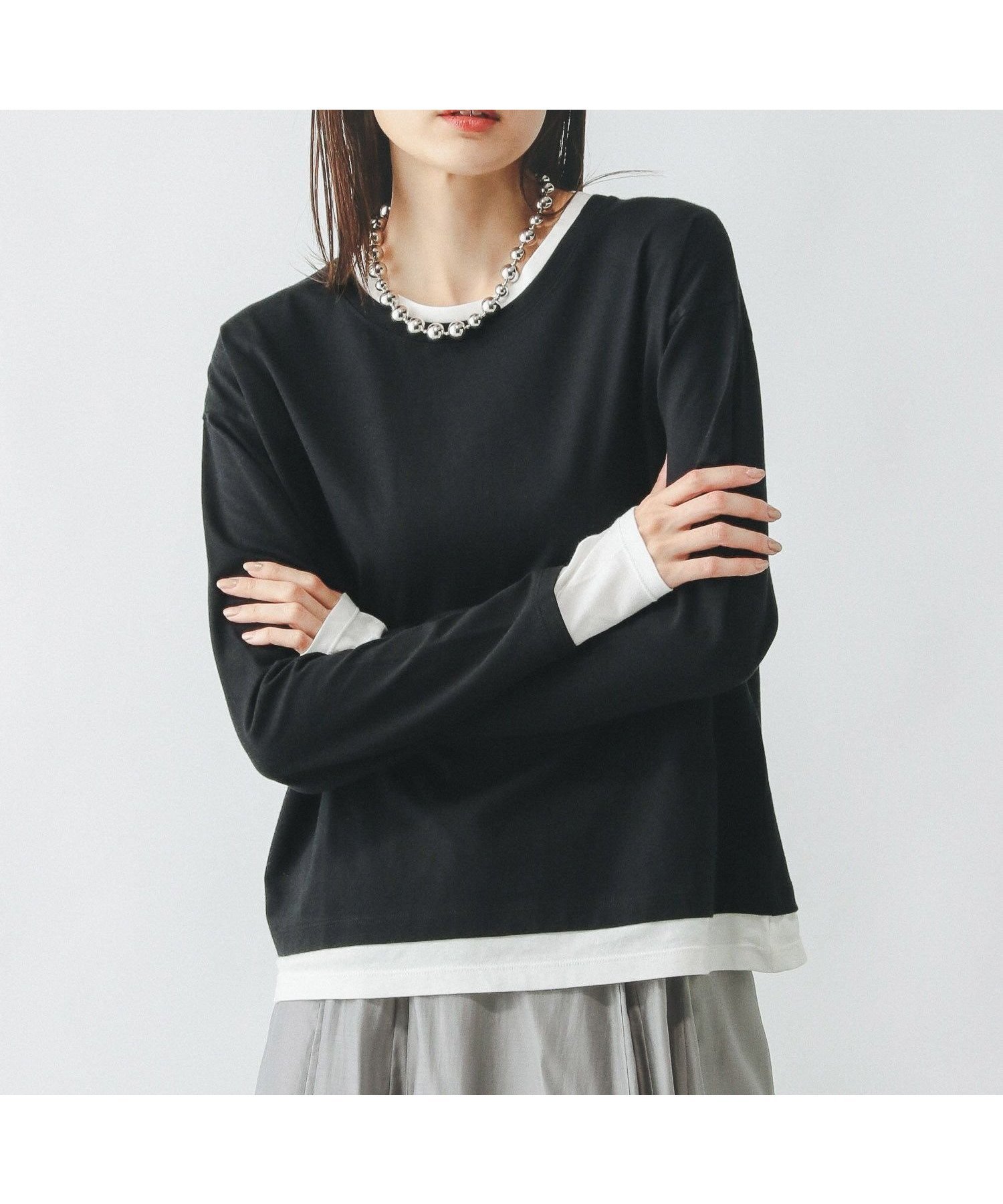 【グローバルワーク/GLOBAL WORK】のヘビロッTEEフェイクレイヤー長袖/286248 インテリア・キッズ・メンズ・レディースファッション・服の通販 founy(ファニー) 　ファッション　Fashion　レディースファッション　Fashion for Women　トップス・カットソー　Cut & Sew Tops　インナー　Innerwear　トレンド　Trend, Trending Now　ボーダー　Border, Stripe　無地　Plain, Solid Color　長袖　Long Sleeve, Full Sleeve　ブラック*オフ09|ID: prp329100004695815 ipo3291000000033909634