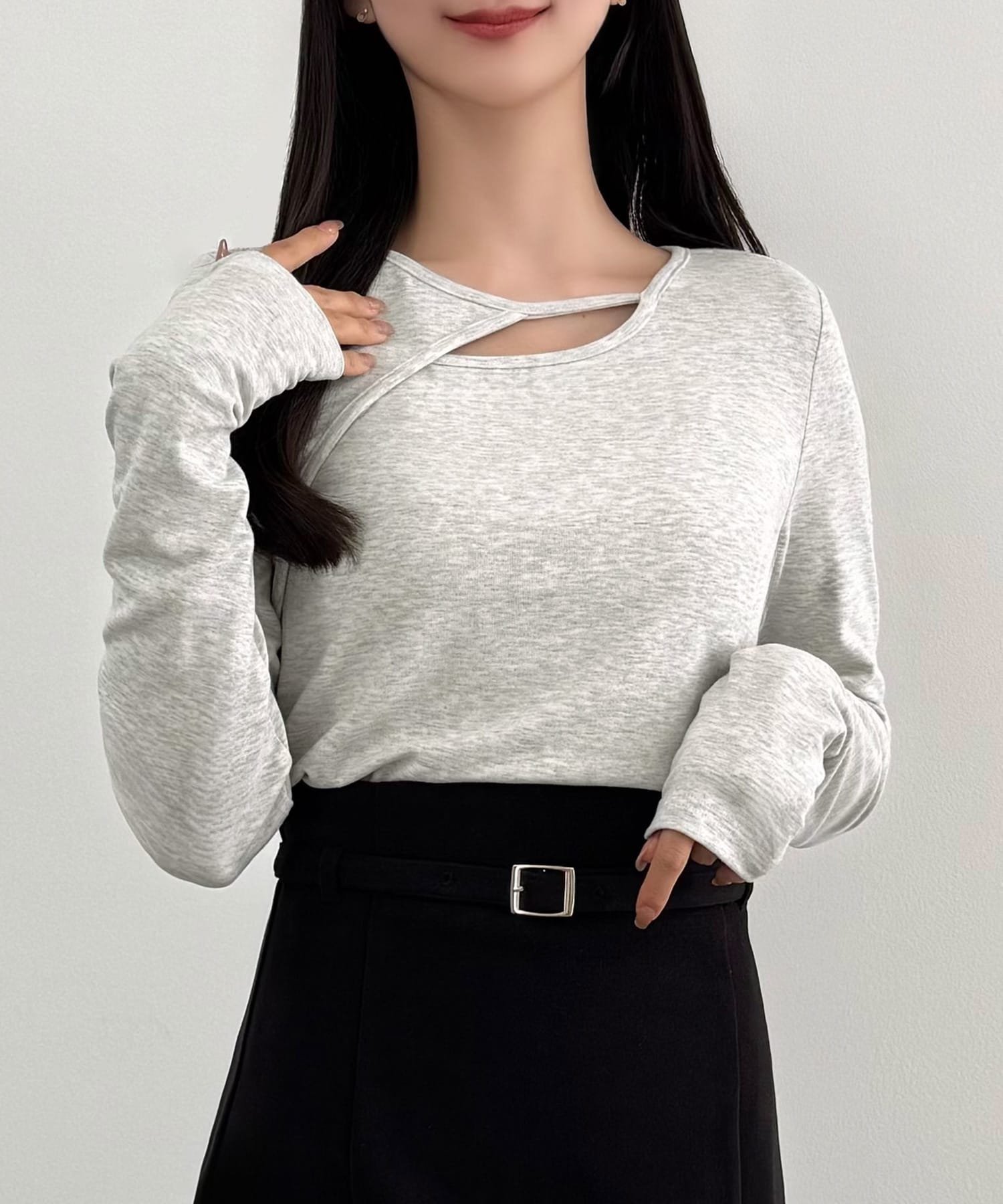 【ジュノア/JUNOAH】のCENEA 薄手カットアウトデザインカットソー インテリア・キッズ・メンズ・レディースファッション・服の通販 founy(ファニー) 　ファッション　Fashion　レディースファッション　Fashion for Women　トップス・カットソー　Cut & Sew Tops　カットソー・ベーシックTシャツ　Cut-and-Sewn Tops / Stretch Tees & Basics　杢グレー|ID: prp329100004695903 ipo3291000000033910538