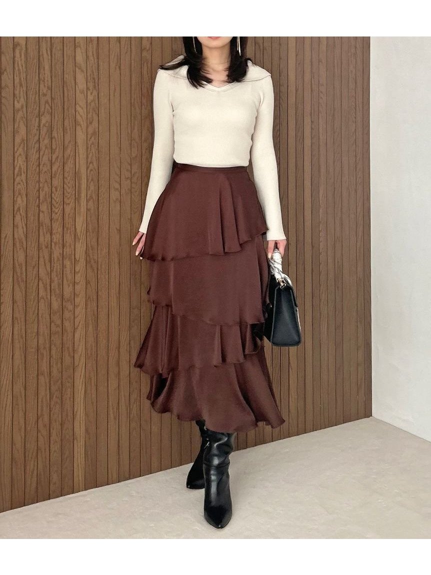 【スナイデル/SNIDEL】のサテンナローティアードスカート インテリア・キッズ・メンズ・レディースファッション・服の通販 founy(ファニー) 　ファッション　Fashion　レディースファッション　Fashion for Women　スカート　Skirts　ティアードスカート　Tiered Skirts　ウェーブ　Wavy Pattern　今季　This Season, Current Season　サテン　Satin, Glossy Fabric　ストレート　Straight, Straight Cut　スマート　Smart, Elegant　とろみ　Fluid, Flowy Fabric　トレンド　Trend, Trending Now　人気　Popular, Best Seller　フリル　Frill, Ruffle　ロング　Long, Long-Length　おすすめ　Recommended / Our Picks　エレガント 上品　Elegant　BRW[058]|ID: prp329100004695923 ipo3291000000034127646