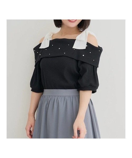 【その他のブランド/Other】の【WEB限定】ビジュー付きショルダーリボンオフショルトップス 人気、トレンドファッション・服の通販 founy(ファニー) 　ファッション　Fashion　レディースファッション　Fashion for Women　トップス・カットソー　Cut & Sew Tops　おすすめ　Recommended / Our Picks　シフォン　Chiffon, Lightweight Fabric　シルバー　Silver, Metallic Silver　ストーン　Stone, Gem-Like　デコルテ　Décolleté, Neckline　デニム　Denim, Jeans Material　ビジュー　Bijou, Jewel-like Accent　フィット　Fit, Slim Fit　マーメイド　Mermaid, Fishtail Silhouette　リボン　Ribbon, Bow　エレガント 上品　Elegant　 other-1|ID: prp329100004697184 ipo3291000000033919906