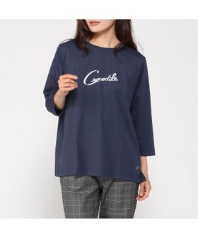 【クロコダイル/CROCODILE】のリボンロゴプリント 七分袖 Tシャツ 人気、トレンドファッション・服の通販 founy(ファニー) ファッション Fashion レディースファッション Fashion for Women トップス・カットソー Cut & Sew Tops シャツ・ブラウス・オフィスカジュアル Elegant Blouses & Button-Ups ロングTシャツ・Tシャツ Longline T-Shirts & Tees |ID:prp329100004697199