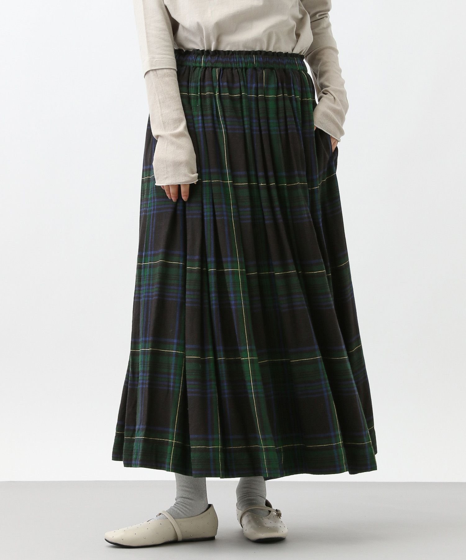 【スタディオ クリップ/studio CLIP】の《natural by clip》リネンレーヨンチェックギャザースカート インテリア・キッズ・メンズ・レディースファッション・服の通販 founy(ファニー) 　ファッション　Fashion　レディースファッション　Fashion for Women　スカート　Skirts　おすすめ　Recommended / Our Picks　ギャザー　Gathered, Ruffled　スウェット / スエット　Sweatshirt, Sweatwear　チェック　Check, Plaid, Tartan　リネン　Linen, Linen Fabric　半袖　Short Sleeve, Half Sleeve　秋　Autumn　グリーン70|ID: prp329100004697268 ipo3291000000034518262