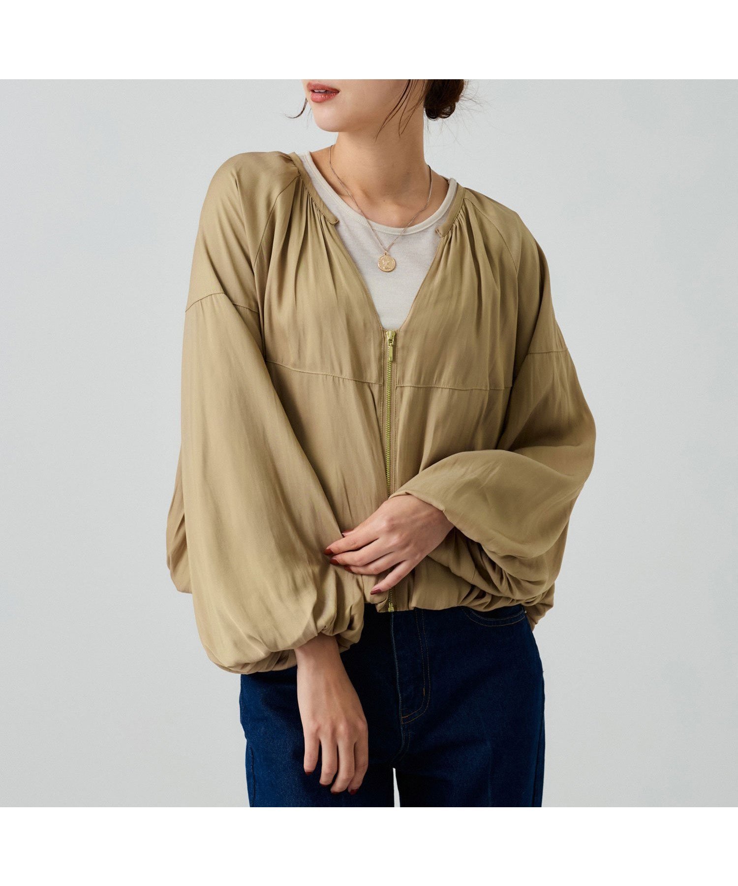 【ジャイロ/JAYRO】の前ジップバルーンブルゾン インテリア・キッズ・メンズ・レディースファッション・服の通販 founy(ファニー) 　ファッション　Fashion　レディースファッション　Fashion for Women　アウター　Coat / Outerwear Collection　ブルゾンジャケット・スポーティアウター　Blouson Jackets　おすすめ　Recommended / Our Picks　シンプル　Simple, Minimal　ジップ　Zip, Zipper　スキッパー　Skipper, Open Collar　デニム　Denim, Jeans Material　ネックレス　Necklace, Pendant Necklace　バルーン　Balloon, Balloon Silhouette　ブルゾン　Blouson, Bomber Jacket　ポケット　Pocket, Pocket Detail　秋　Autumn　ベージュ(27)|ID: prp329100004697290 ipo3291000000033920635