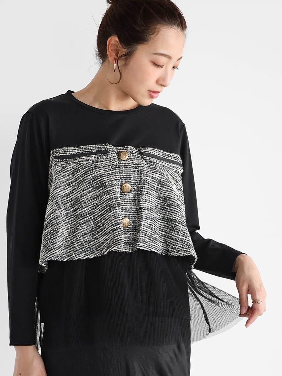 【ヴァン/Vin】のツイードドッキングロンT インテリア・キッズ・メンズ・レディースファッション・服の通販 founy(ファニー) 　ファッション　Fashion　レディースファッション　Fashion for Women　トップス・カットソー　Cut & Sew Tops　ロングTシャツ・Tシャツ　Longline T-Shirts & Tees　おすすめ　Recommended / Our Picks　エレガント 上品　Elegant　チュール　Tulip, Tulip Motif　ツイード　Twill, Twill Weave　ドッキング　Docking, Mixed Material　フェミニン　Feminine, Girly　フロント　Front, Front Design　ポケット　Pocket, Pocket Detail　ブラック|ID: prp329100004697438 ipo3291000000033921244
