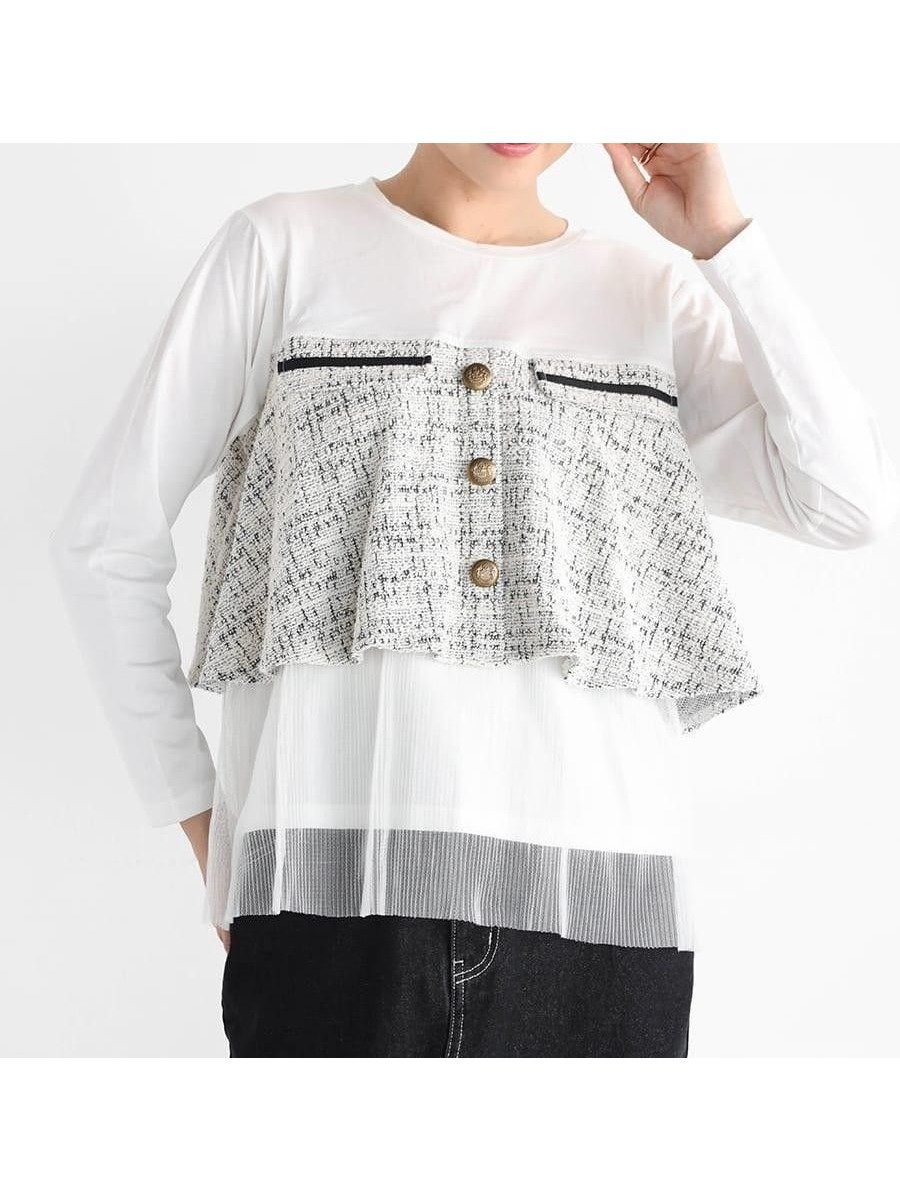 【ヴァン/Vin】のツイードドッキングロンT インテリア・キッズ・メンズ・レディースファッション・服の通販 founy(ファニー) 　ファッション　Fashion　レディースファッション　Fashion for Women　トップス・カットソー　Cut & Sew Tops　ロングTシャツ・Tシャツ　Longline T-Shirts & Tees　おすすめ　Recommended / Our Picks　エレガント 上品　Elegant　チュール　Tulip, Tulip Motif　ツイード　Twill, Twill Weave　ドッキング　Docking, Mixed Material　フェミニン　Feminine, Girly　フロント　Front, Front Design　ポケット　Pocket, Pocket Detail　ホワイト|ID: prp329100004697438 ipo3291000000033921247