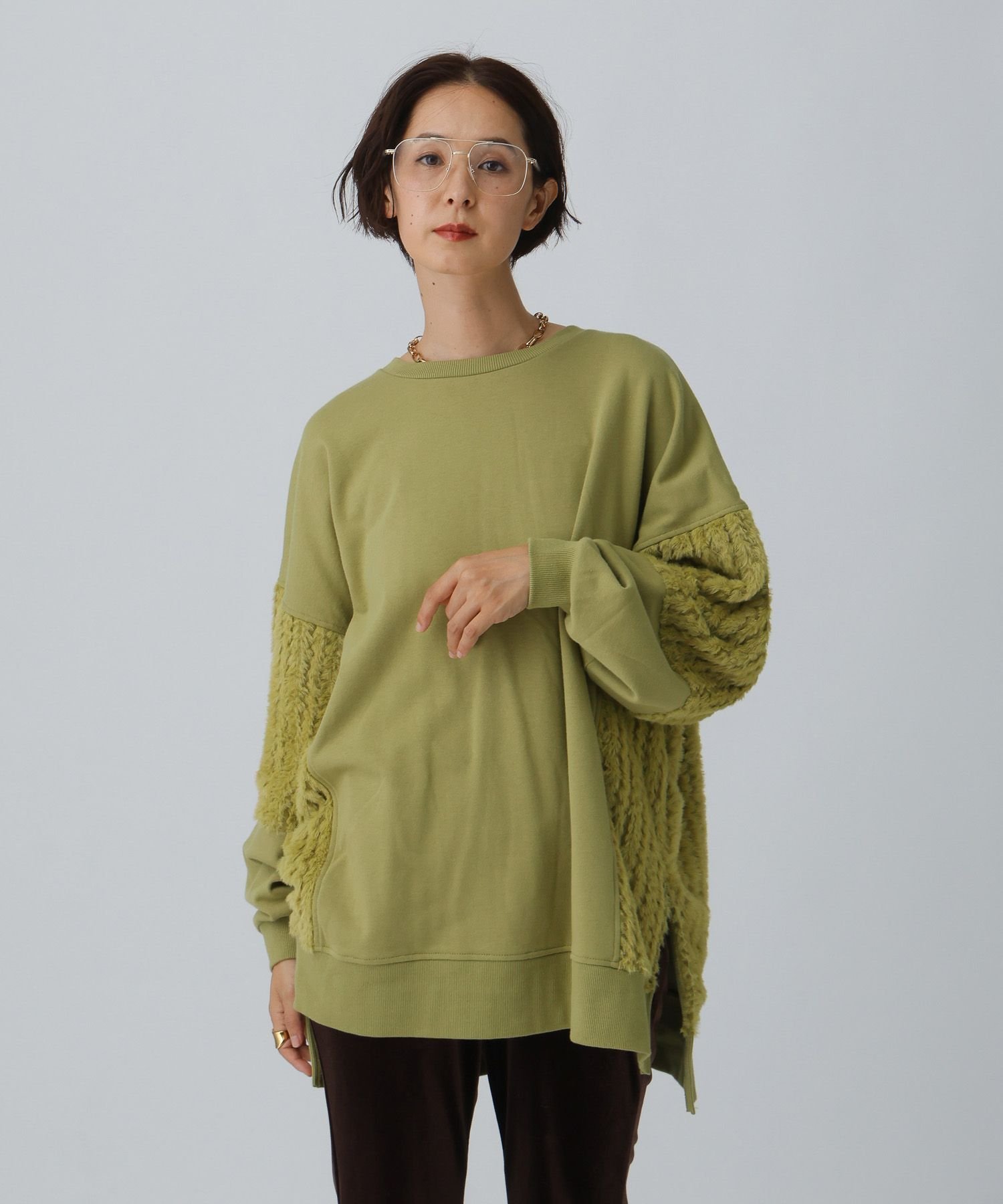 【レプシィム ローリーズファーム/LEPSIM LOWRYS FARM】のシャギードッキングチュニック インテリア・キッズ・メンズ・レディースファッション・服の通販 founy(ファニー) 　ファッション　Fashion　レディースファッション　Fashion for Women　トップス・カットソー　Cut & Sew Tops　チュニック　Tunic, Long Top　ドッキング　Docking, Mixed Material　A/W・秋冬　Autumn/Winter　イエローグリーン72|ID: prp329100004697485 ipo3291000000034531575