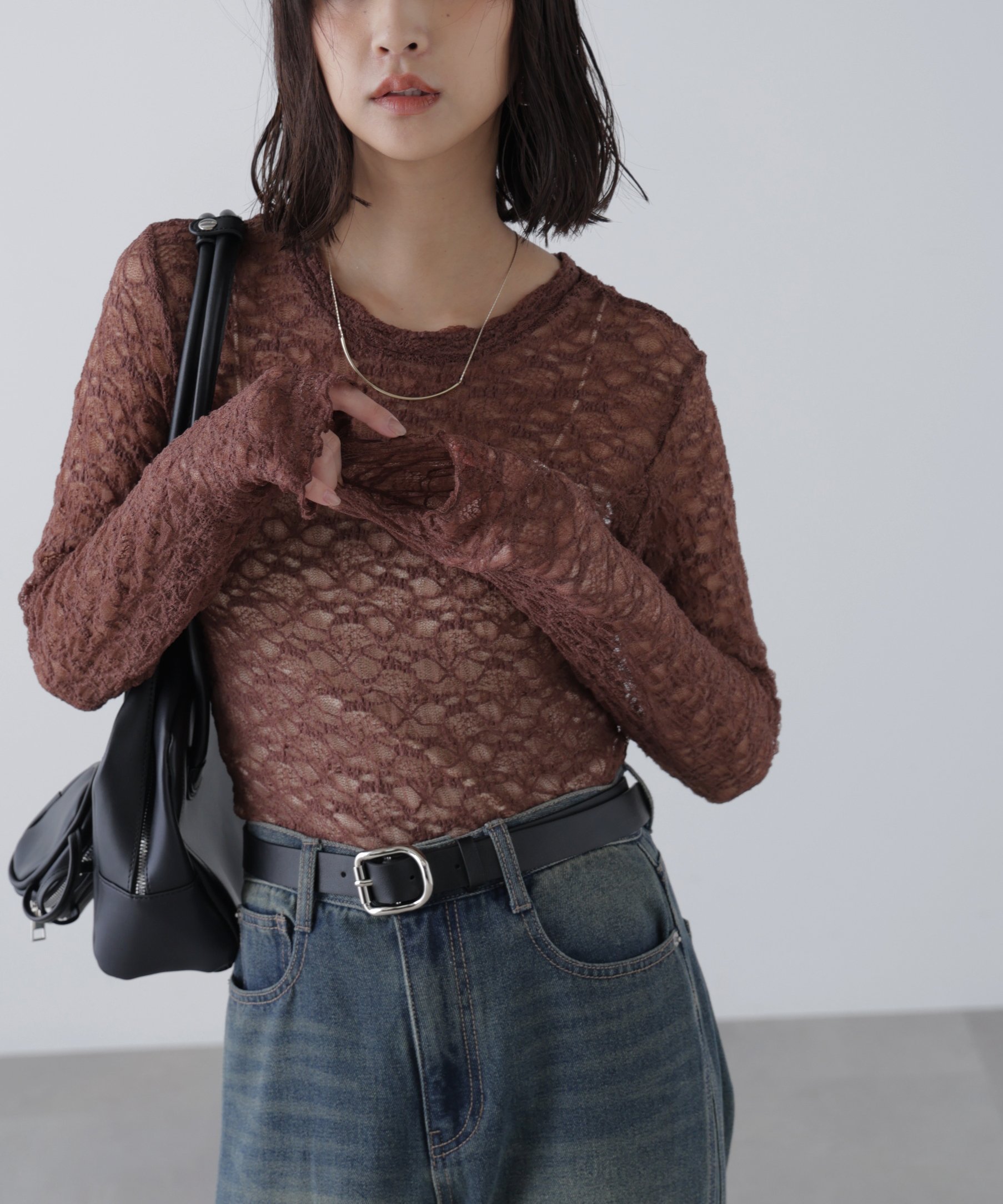 【フリーズマート/FREE'S MART】のショート丈レーストップス インテリア・キッズ・メンズ・レディースファッション・服の通販 founy(ファニー) 　ファッション　Fashion　レディースファッション　Fashion for Women　トップス・カットソー　Cut & Sew Tops　おすすめ　Recommended / Our Picks　インナー　Innerwear　コンパクト　Compact, Small Size　ショート　Short, Short Length　スラックス　Slacks, Dress Pants　デニム　Denim, Jeans Material　レース　Lace, Lace Fabric　ブラウン|ID: prp329100004697540 ipo3291000000033921641