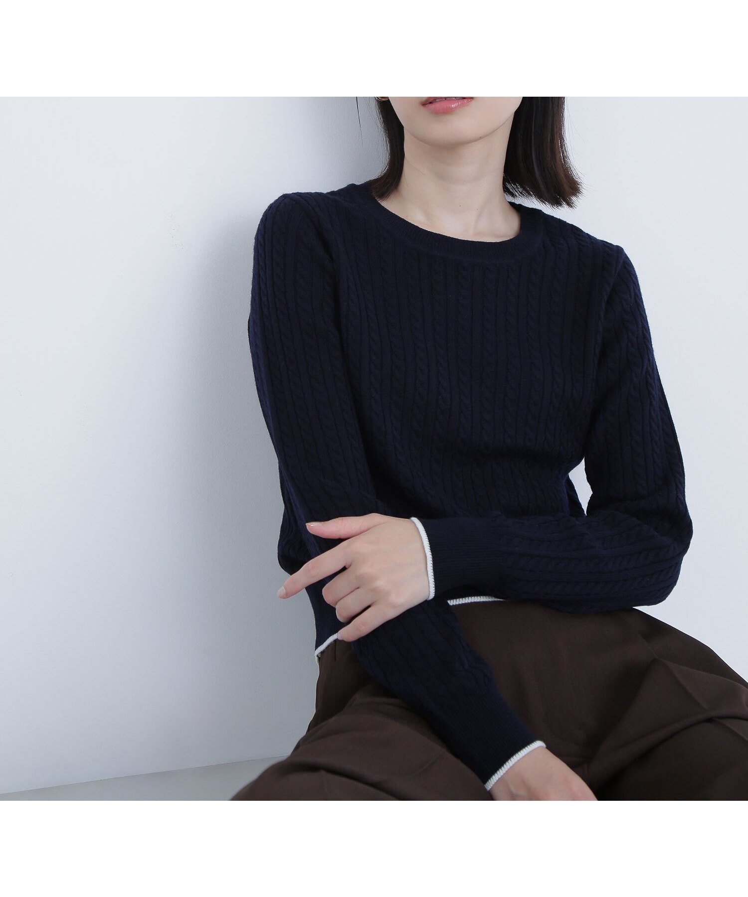 【ナチュラル ビューティー ベーシック/NATURAL BEAUTY BASIC】のバイカラーラインミニケーブルニット インテリア・キッズ・メンズ・レディースファッション・服の通販 founy(ファニー) 　ファッション　Fashion　レディースファッション　Fashion for Women　トップス・カットソー　Cut & Sew Tops　ニット　Knit Tops & Sweaters　ジャケット　Jacket, Outerwear　スタイリッシュ　Stylish, Fashionable　デニム　Denim, Jeans Material　ボトム　Bottoms, Lower Wear　秋　Autumn　ネイビー|ID: prp329100004697754 ipo3291000000033923194