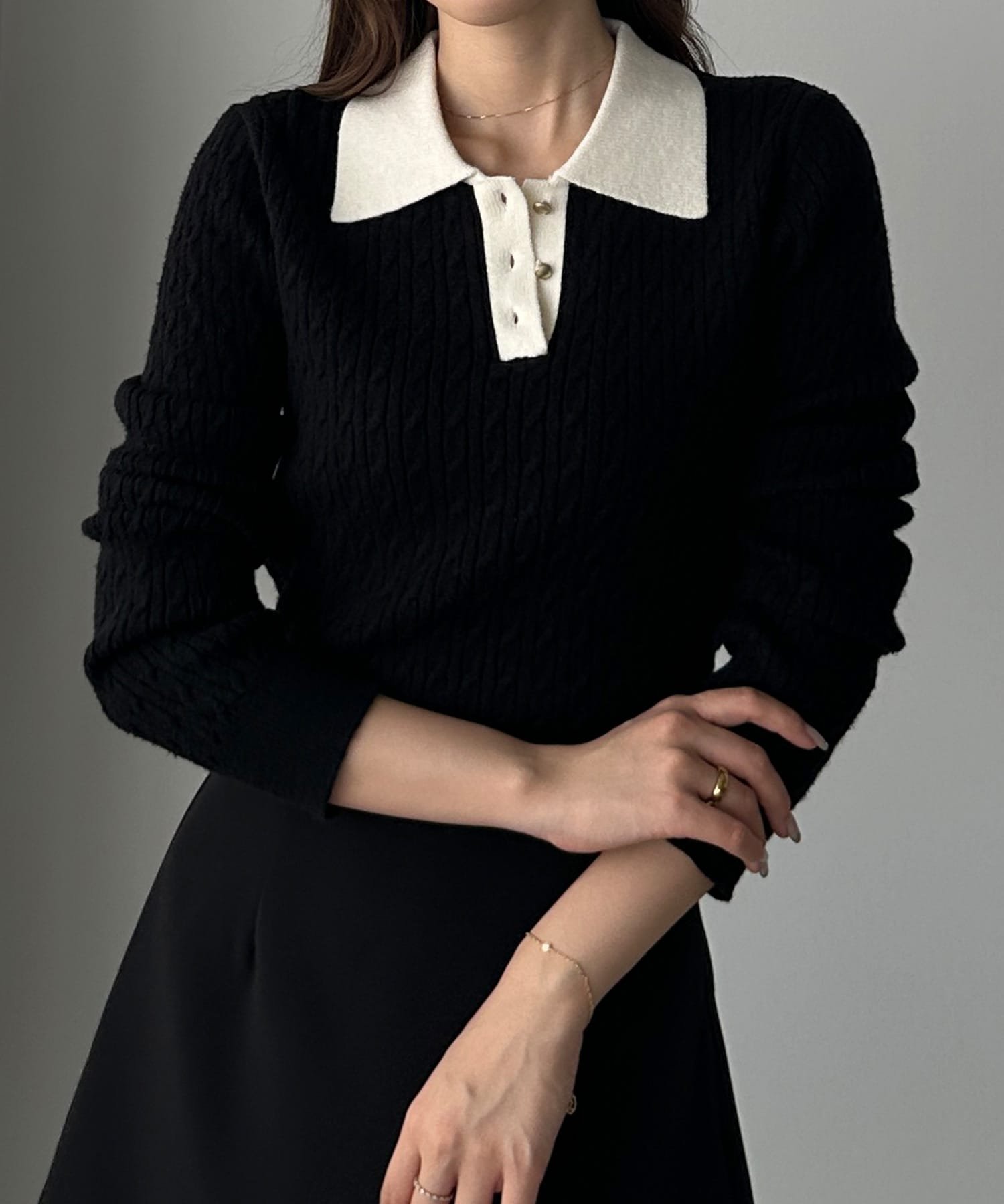 【ジュノア/JUNOAH】のLouere ゴールドボタンケーブルニットポロ 人気、トレンドファッション・服の通販 founy(ファニー) 　ファッション　Fashion　レディースファッション　Fashion for Women　トップス・カットソー　Cut & Sew Tops　ニット　Knit Tops & Sweaters　 other-1|ID: prp329100004697828 ipo3291000000033923623