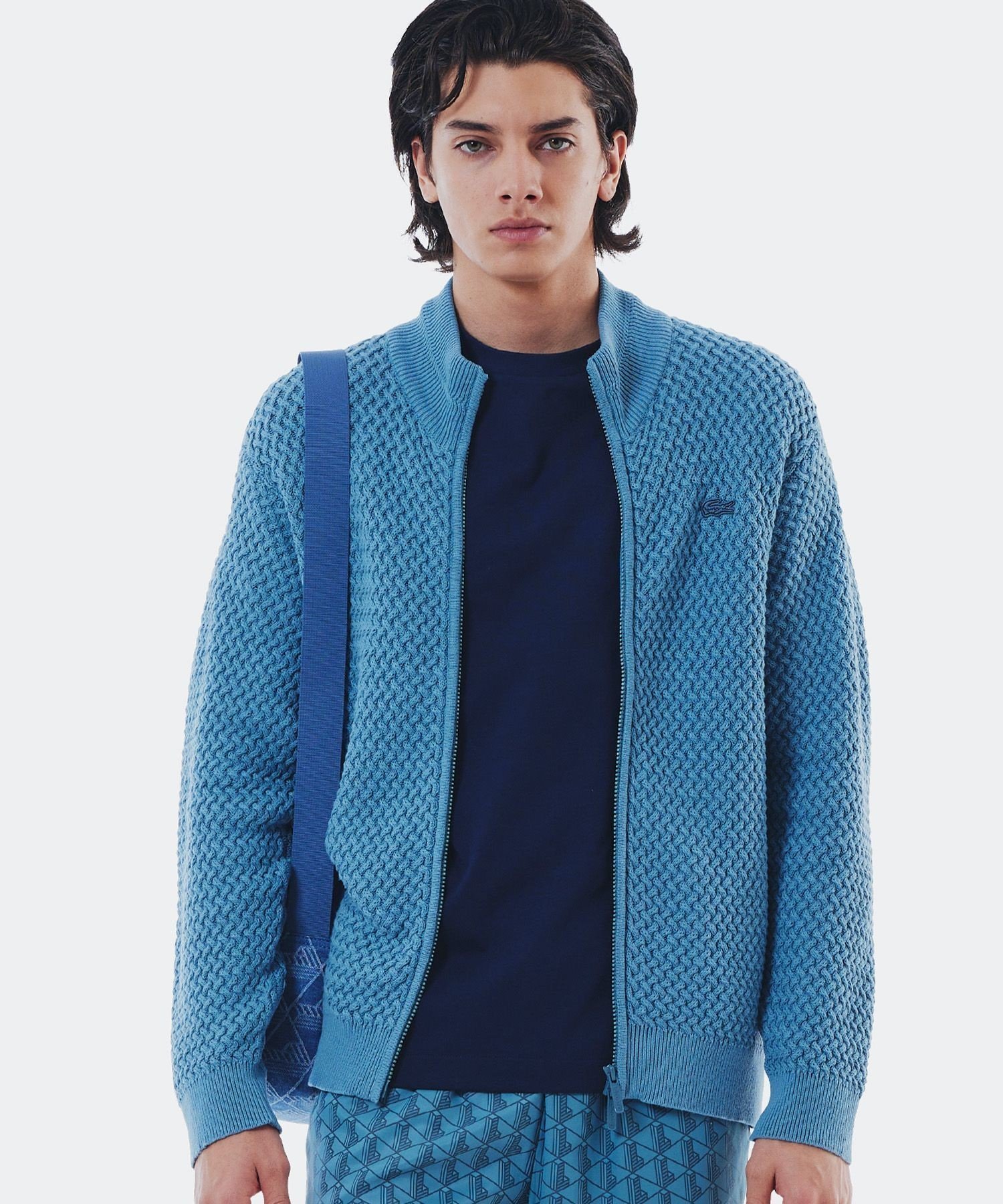 【ラコステ/LACOSTE / MEN】のバスケットニット ダブルジップ ドライバーズニット インテリア・キッズ・メンズ・レディースファッション・服の通販 founy(ファニー) 　ファッション　Fashion　メンズファッション　Fashion for Men　スタンド　Stand Collar, Upright Stand　ストライプ　Stripe, Striped Pattern　スポーティ　Sporty, Casual Athletic　デニム　Denim, Jeans Material　バスケット　Basket, Basket Bag　リブニット　Rib Knit, Ribbed Knit　リラックス　Relax, Relaxed Fit　グレイッシュブルー|ID: prp329100004698141 ipo3291000000033925440