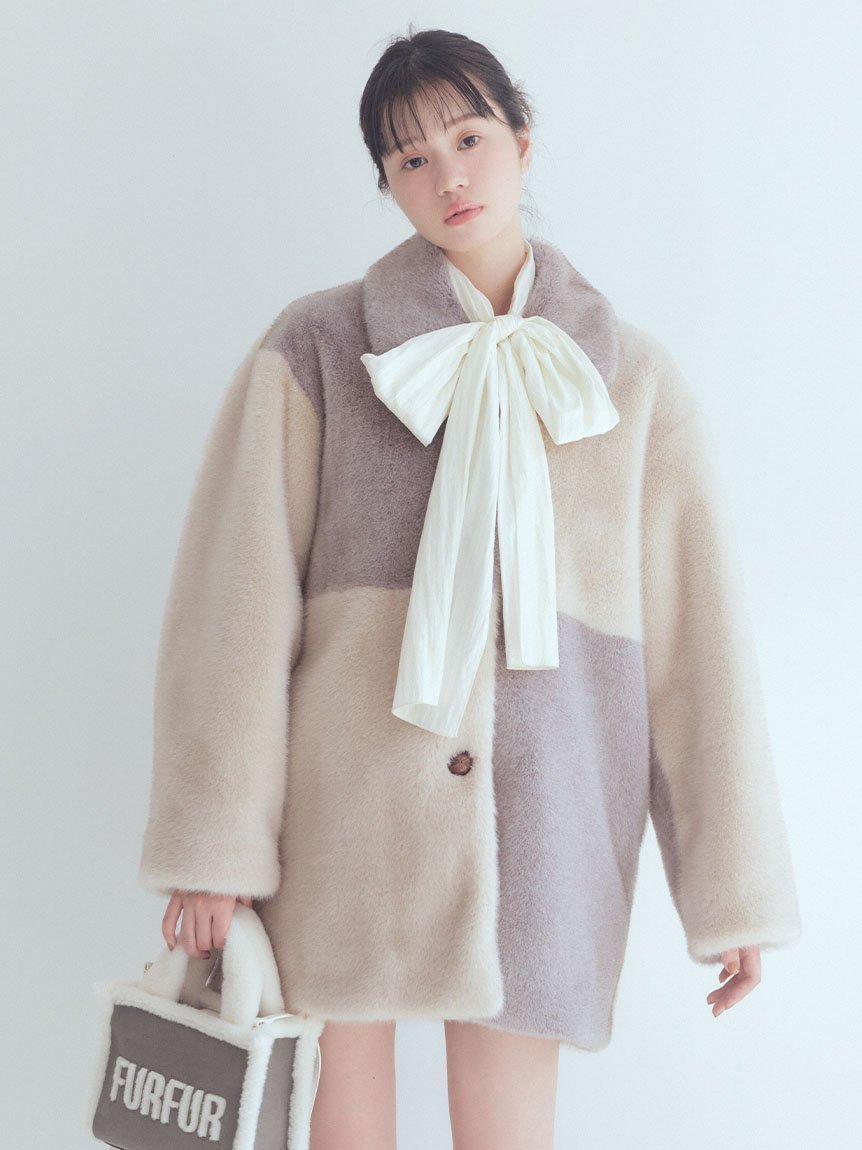 【ファーファー/FURFUR】のパッチワークエコファーミドルコート インテリア・キッズ・メンズ・レディースファッション・服の通販 founy(ファニー) 　ファッション　Fashion　レディースファッション　Fashion for Women　アウター　Coat / Outerwear Collection　コート・ロングコート・ピーコート　Long Coats, Peacoats & More　スマート　Smart, Elegant　トレンド　Trend, Trending Now　バスケット　Basket, Basket Bag　パッチワーク　Patchwork, Mixed Fabric　ミドル　Middle Length, Mid Height　リアル　Real, Realistic　GRY[006]|ID: prp329100004698163 ipo3291000000033999562