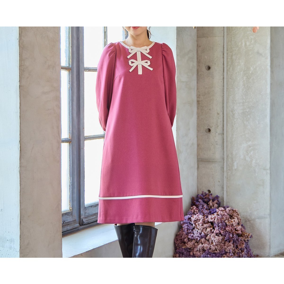 【ローズティアラ/Rose Tiara】の【伸縮性◎/イージーケア】配色リボンワンピース インテリア・キッズ・メンズ・レディースファッション・服の通販 founy(ファニー) 　ファッション　Fashion　レディースファッション　Fashion for Women　ワンピース　Dresses　シンプル　Simple, Minimal　ポケット　Pocket, Pocket Detail　リボン　Ribbon, Bow　ピンク|ID: prp329100004699028 ipo3291000000033930981