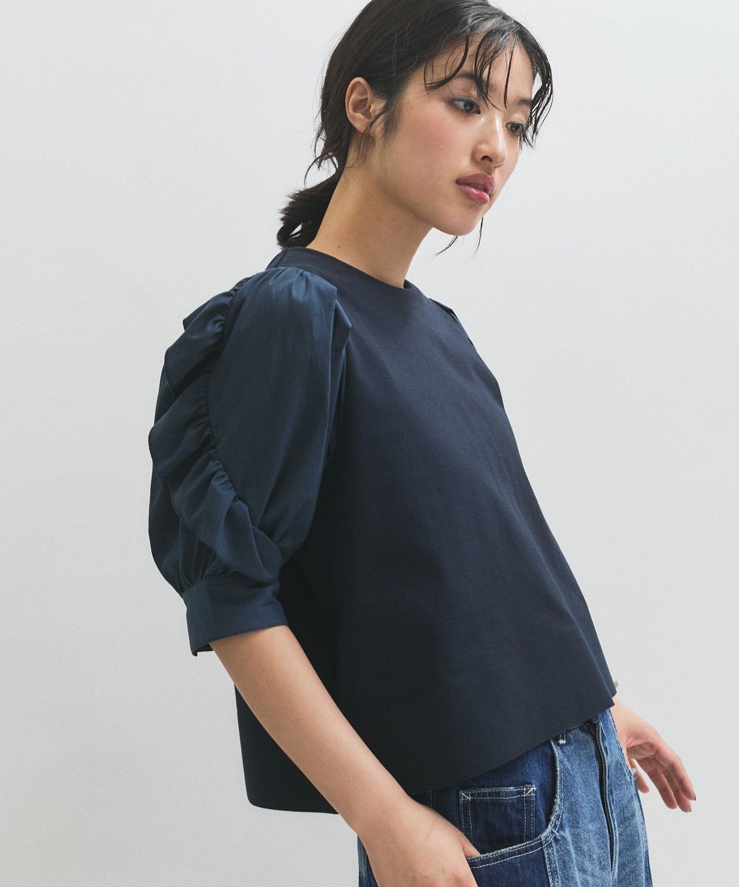 【アダム エ ロペ/ADAM ET ROPE'】の【サステナブル】バルーンスリーブTシャツ インテリア・キッズ・メンズ・レディースファッション・服の通販 founy(ファニー) 　ファッション　Fashion　レディースファッション　Fashion for Women　トップス・カットソー　Cut & Sew Tops　シャツ・ブラウス・オフィスカジュアル　Elegant Blouses & Button-Ups　ロングTシャツ・Tシャツ　Longline T-Shirts & Tees　オーガニック　Organic Cotton　春　Spring　カットソー　Cut and Sewn Top　シンプル　Simple, Minimal　ストレッチ　Stretch, Stretchy Fabric　スリーブ　Sleeve, Long Sleeve / Short Sleeve　タイプライター　Typewriter Fabric, Crisp Cotton　ダブル　Double, Double-Breasted　デニム　Denim, Jeans Material　ハーフ　Half, Half-Length　バランス　Balance, Style Balance　バルーン　Balloon, Balloon Silhouette　ボトム　Bottoms, Lower Wear　ワイド　Wide, Wide Fit　S/S・春夏　SS, Spring/Summer, Warm Season　夏　Summer　エレガント 上品　Elegant　2025年　2025　2025春夏・S/S　Spring/Summer 2025 SS25　ネイビー(40)|ID: prp329100004699358 ipo3291000000033932771