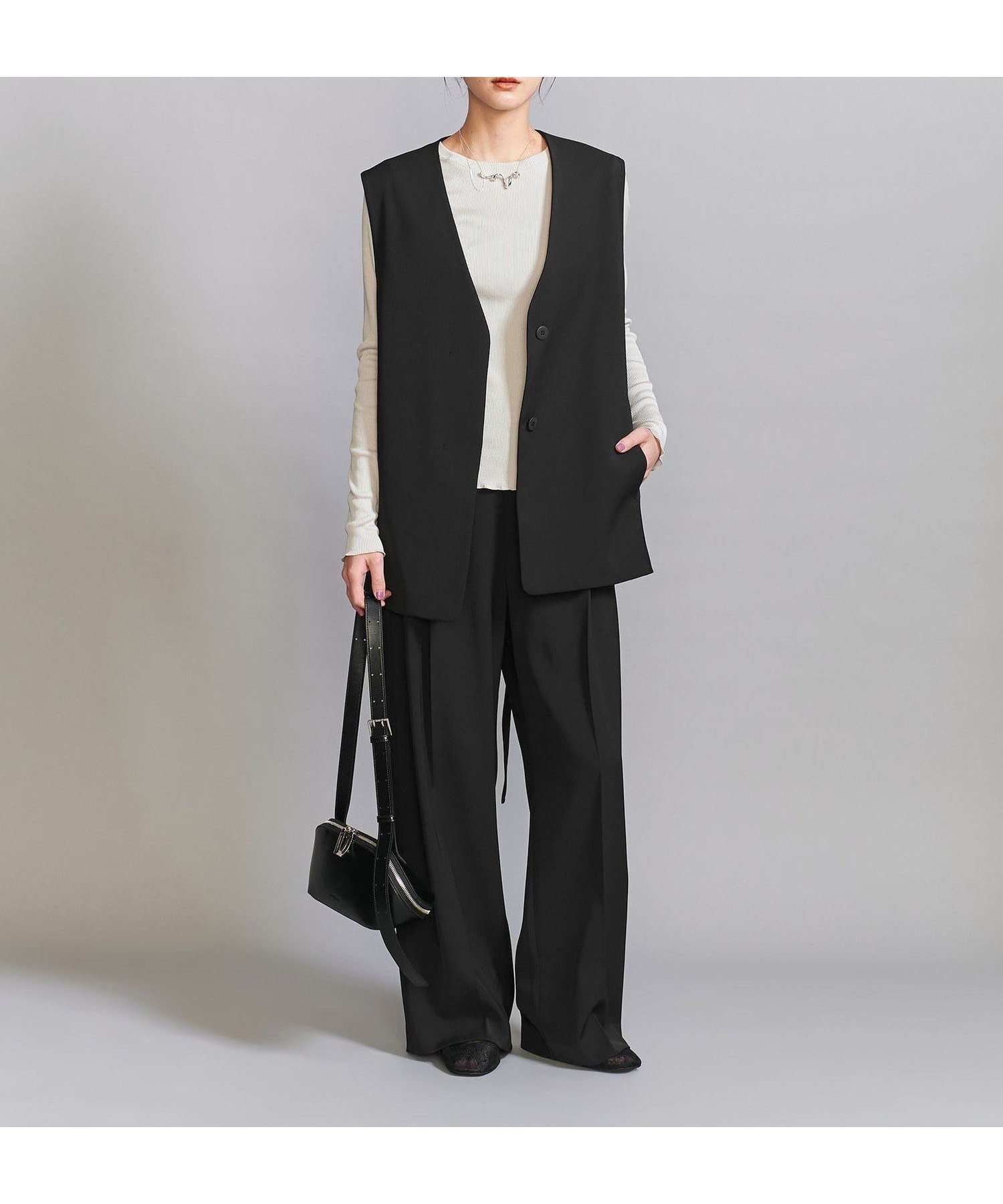 【ビューティ&ユース ユナイテッドアローズ/BEAUTY&YOUTH / UNITED ARROWS】の【WEB限定 Wardrobe DAILY MINIMAL】ダブルクロス リボンベルトジレ ウォッシャブル インテリア・キッズ・メンズ・レディースファッション・服の通販 founy(ファニー) 　ファッション　Fashion　レディースファッション　Fashion for Women　アウター　Coat / Outerwear Collection　トップス・カットソー　Cut & Sew Tops　ベスト&ジレ / 重ね着スタイル　Vests & Gilets　ベルト&ウエストマーク　Belts & Waist Accessories　ウォッシャブル　Machine Washable　オケージョン　Occasion Wear　シンプル　Simple, Minimal　ジャケット　Jacket, Outerwear　とろみ　Fluid, Flowy Fabric　ダブル　Double, Double-Breasted　フロント　Front, Front Design　リボン　Ribbon, Bow　ワイド　Wide, Wide Fit　おすすめ　Recommended / Our Picks　エレガント 上品　Elegant　セレモニー　Ceremony　ビジネス 仕事 通勤　Business / Work / Commuting　BLACK|ID: prp329100004699822 ipo3291000000034003130
