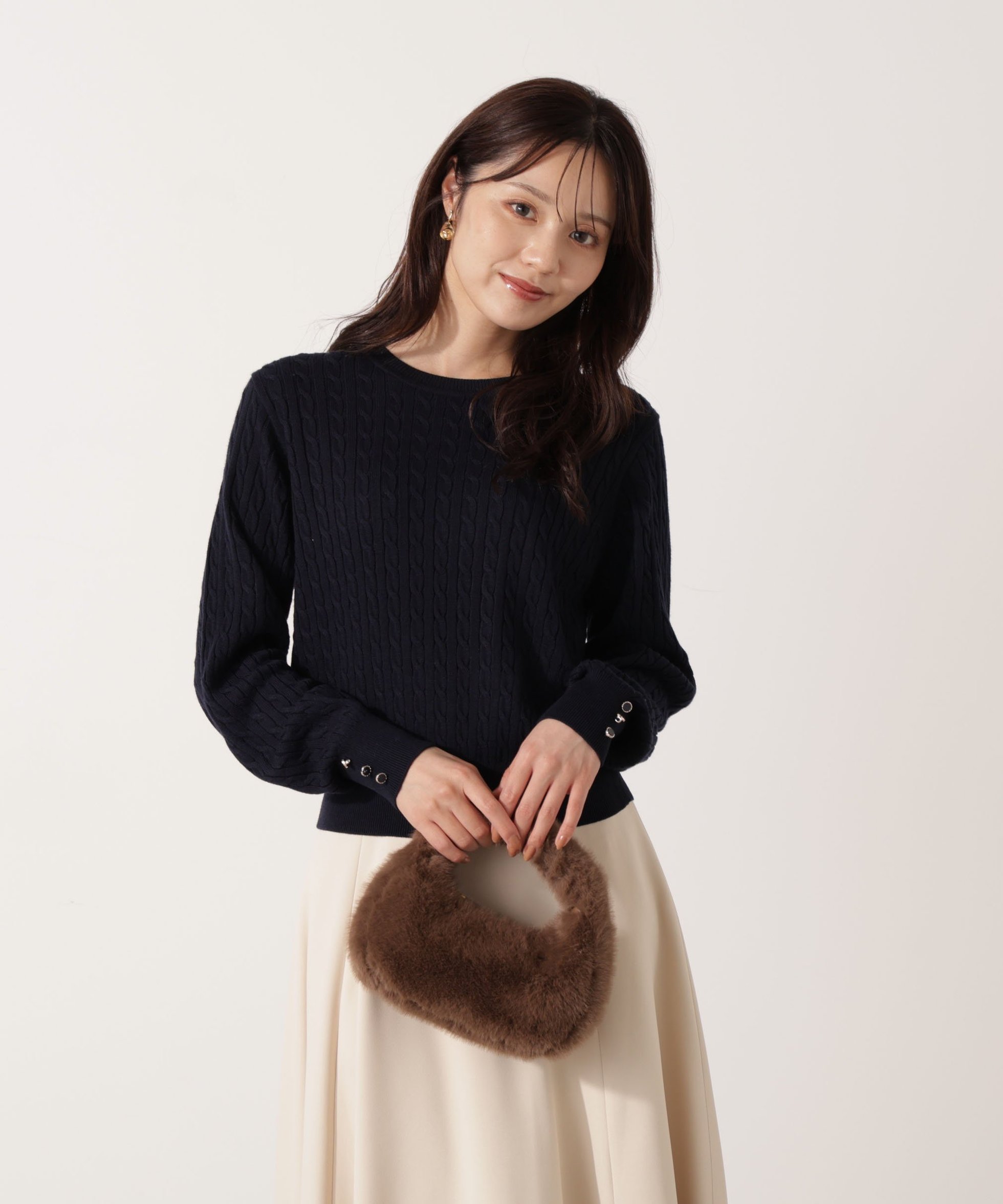 【プロポーション ボディドレッシング/PROPORTION BODY DRESSING】のハンドウォッシャブル 袖釦ミニケーブルニット インテリア・キッズ・メンズ・レディースファッション・服の通販 founy(ファニー) 　ファッション　Fashion　レディースファッション　Fashion for Women　トップス・カットソー　Cut & Sew Tops　ニット　Knit Tops & Sweaters　ネイビー|ID: prp329100004699850 ipo3291000000033935710