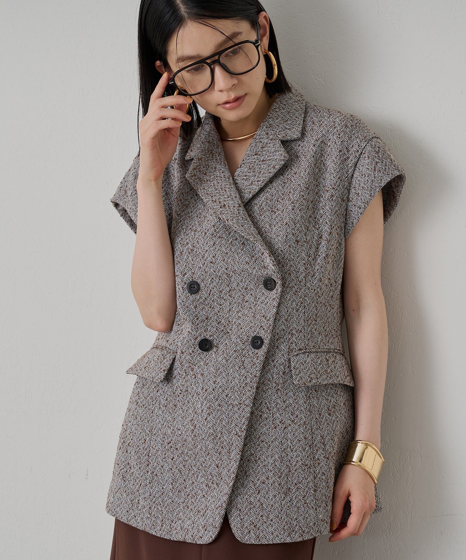 【パルグループ/PAL GROUP】の【Loungedress】キャップスリーブWジレ インテリア・キッズ・メンズ・レディースファッション・服の通販 founy(ファニー) 　ファッション　Fashion　レディースファッション　Fashion for Women　アウター　Coat / Outerwear Collection　トップス・カットソー　Cut & Sew Tops　ベスト&ジレ / 重ね着スタイル　Vests & Gilets　ワンピース　Dresses　フォーマル・パーティードレス・結婚式用ドレス　Elegant & Casual Dresses　カットソー　Cut and Sewn Top　キャップ　Cap, Baseball Cap　シェイプ　Shape, Slim Fit　シンプル　Simple, Minimal　スリーブ　Sleeve, Long Sleeve / Short Sleeve　ツイード　Twill, Twill Weave　ノースリーブ　Sleeveless, No-Sleeve　再入荷　Restock / Back in Stock　エレガント 上品　Elegant　ブラウン|ID: prp329100004701212 ipo3291000000034003929