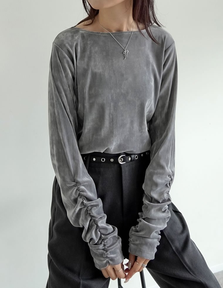 【リエディ/Re:EDIT】のフロッキーベロア袖シャーリングトップス インテリア・キッズ・メンズ・レディースファッション・服の通販 founy(ファニー) 　ファッション　Fashion　レディースファッション　Fashion for Women　トップス・カットソー　Cut & Sew Tops　ベロアトップス　Velour Tops / Velvet-Look Items　シャーリング　Shirring, Ruched　シンプル　Simple, Minimal　スラックス　Slacks, Dress Pants　トレンド　Trend, Trending Now　長袖　Long Sleeve, Full Sleeve　ベロア　Velour, Soft Velvet　ベーシック　Basic, Essential　ボトム　Bottoms, Lower Wear　ワイド　Wide, Wide Fit　おすすめ　Recommended / Our Picks　グレー|ID: prp329100004701349 ipo3291000000034008478