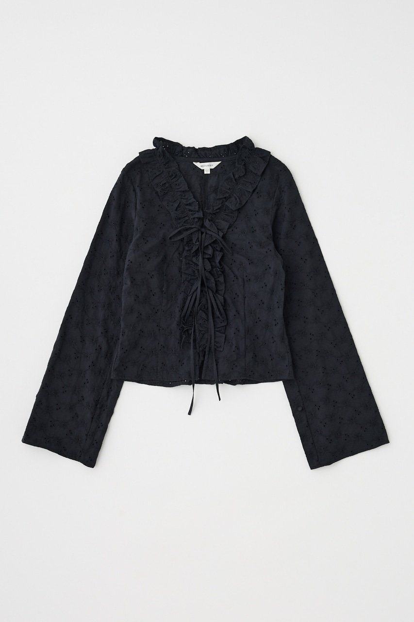 【マウジー/moussy】のFRONT TIE EYELET シャツ インテリア・キッズ・メンズ・レディースファッション・服の通販 founy(ファニー) 　ファッション　Fashion　レディースファッション　Fashion for Women　トップス・カットソー　Cut & Sew Tops　シャツ・ブラウス・オフィスカジュアル　Elegant Blouses & Button-Ups　おすすめ　Recommended / Our Picks　アイレット　Eyelet Lace　シンプル　Simple, Minimal　スウェット / スエット　Sweatshirt, Sweatwear　デニム　Denim, Jeans Material　ボトム　Bottoms, Lower Wear　ラッフル　Ruffle, Frill　人気　Popular, Best Seller　再入荷　Restock / Back in Stock　春　Spring　BLK|ID: prp329100004702155 ipo3291000000034013072