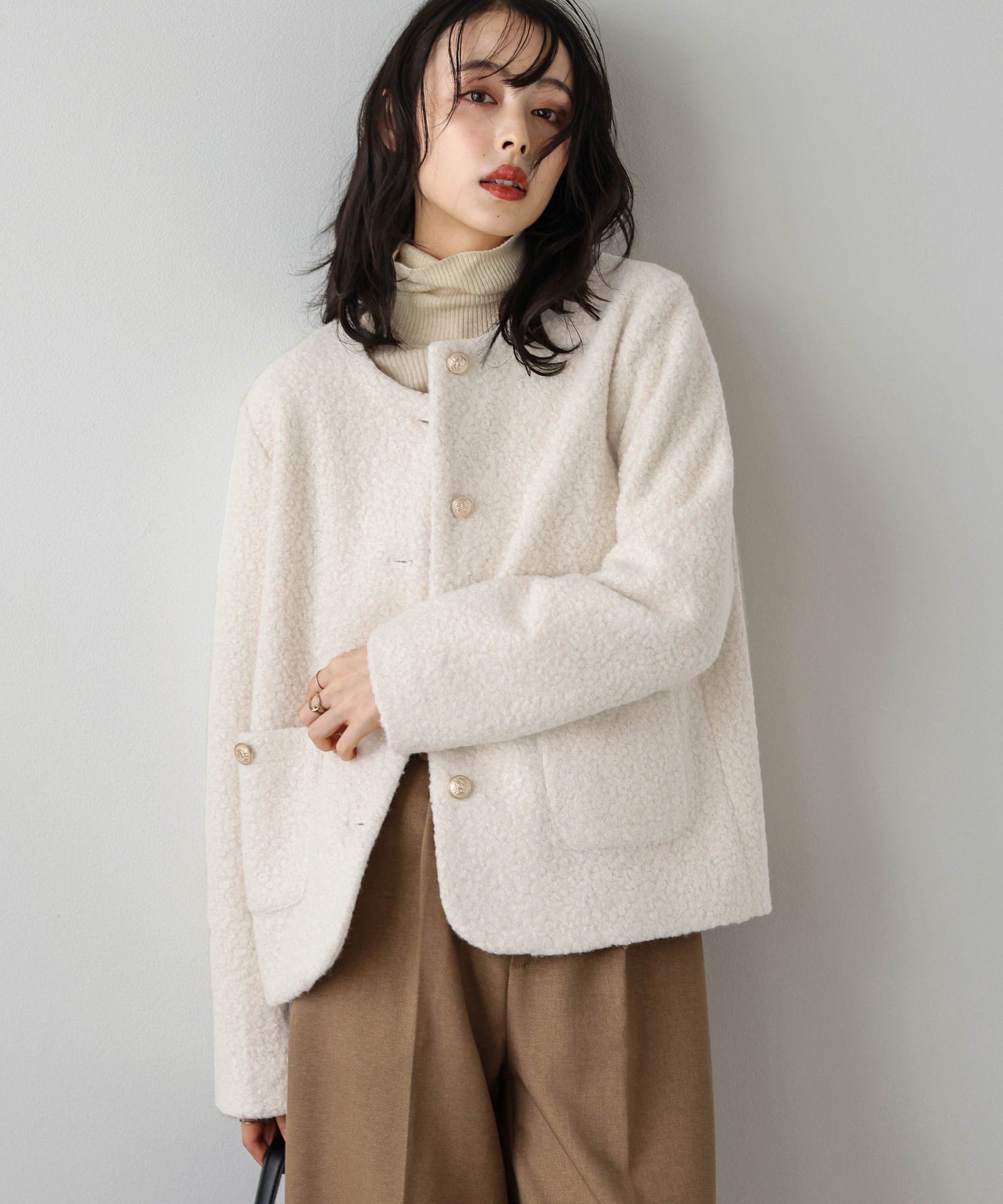 【ラジュール/Lajour】のウールライク ノーカラージャケット インテリア・キッズ・メンズ・レディースファッション・服の通販 founy(ファニー) 　ファッション　Fashion　レディースファッション　Fashion for Women　アウター　Coat / Outerwear Collection　レディースジャケット・軽アウター　Jackets　ノーカラージャケット / シンプル上品コーデ　Collarless Jackets　オケージョン　Occasion Wear　コンパクト　Compact, Small Size　シンプル　Simple, Minimal　ジャケット　Jacket, Outerwear　タートルネック　Turtleneck, High Neck　フロント　Front, Front Design　ポケット　Pocket, Pocket Detail　エレガント 上品　Elegant　アイボリー|ID: prp329100004702231 ipo3291000000034716970