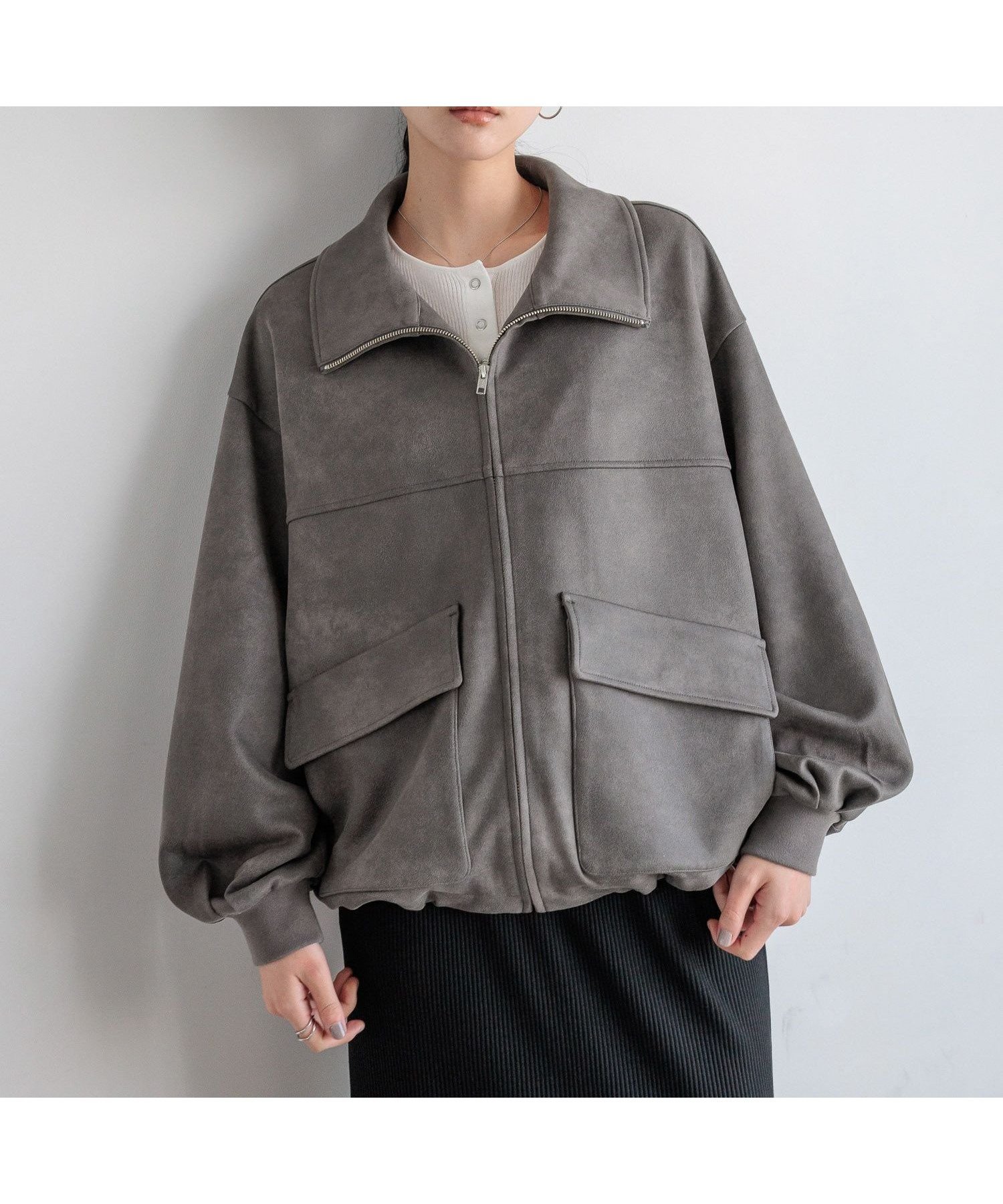 【ローリーズファーム/LOWRYS FARM】のレザーボリュームブルゾン インテリア・キッズ・メンズ・レディースファッション・服の通販 founy(ファニー) 　ファッション　Fashion　レディースファッション　Fashion for Women　アウター　Coat / Outerwear Collection　ブルゾンジャケット・スポーティアウター　Blouson Jackets　おすすめ　Recommended / Our Picks　ショート　Short, Short Length　ジップ　Zip, Zipper　スタンド　Stand Collar, Upright Stand　デニム　Denim, Jeans Material　ドローコード　Drawcord, Drawstring Cord　ブルゾン　Blouson, Bomber Jacket　秋　Autumn　羽織　Haori, Light Jacket　チャコールグレー18|ID: prp329100004702577 ipo3291000000034040483