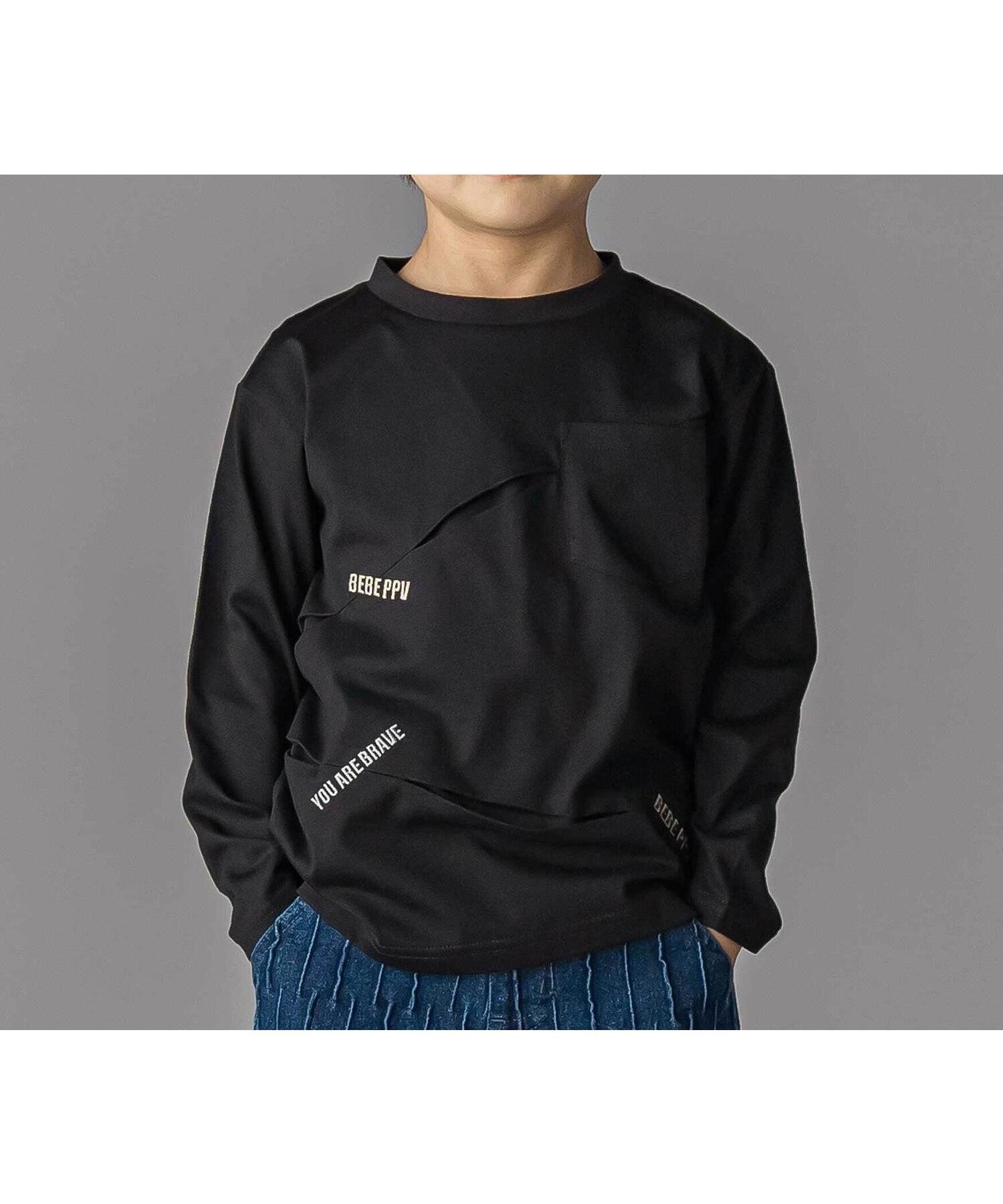 【ベベ オンライン ストア/BEBE ONLINE STORE / KIDS】のタックプリーツ刺しゅうロングTシャツ(95~160cm) インテリア・キッズ・メンズ・レディースファッション・服の通販 founy(ファニー) 　ファッション　Fashion　キッズファッション　Fashion for Kids　2025年　2025　2025-2026秋冬・A/W　Autumn/Winter 2025–26 AW25–26　スタンダード　Standard, Basic　トレンド　Trend, Trending Now　バランス　Balance, Style Balance　プリーツ　Pleats, Pleated　ロング　Long, Long-Length　定番　Standard, Basic Item　A/W・秋冬　Autumn/Winter　ブラック|ID: prp329100004702612 ipo3291000000034075870