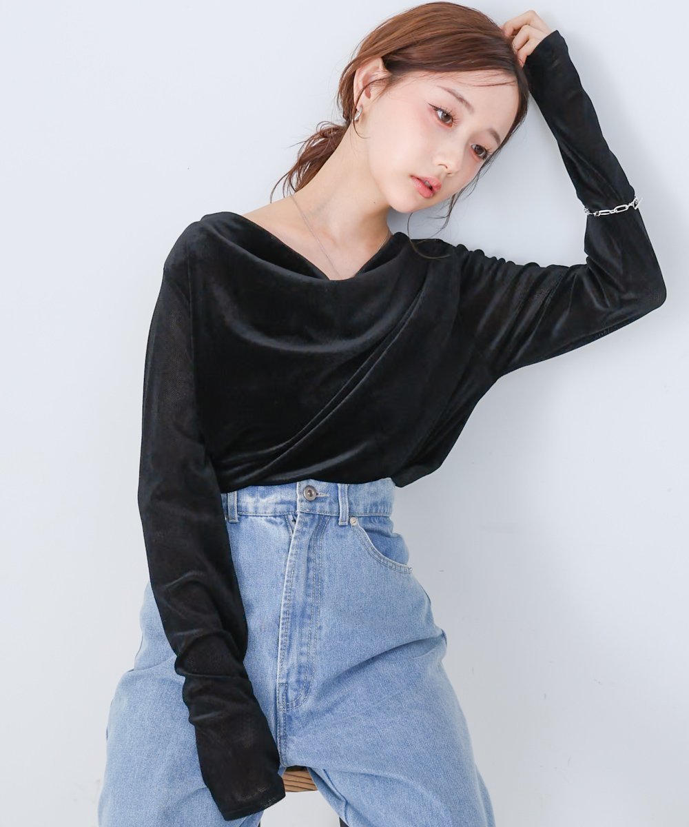 【バブ ブージュルード/Bab Bou Jeloud】のシアーベロアドレーププルオーバー インテリア・キッズ・メンズ・レディースファッション・服の通販 founy(ファニー) 　ファッション　Fashion　レディースファッション　Fashion for Women　トップス・カットソー　Cut & Sew Tops　カジュアルプルオーバー・ニットトップス　Pullovers & Knit Tops / Casual Pullovers　ベロアトップス　Velour Tops / Velvet-Look Items　秋　Autumn　サテン　Satin, Glossy Fabric　シアー　Sheer, See-Through　シューズ　Shoes, Footwear　シンプル　Simple, Minimal　スマート　Smart, Elegant　チェック　Check, Plaid, Tartan　デニム　Denim, Jeans Material　ドレープ　Drape, Draping Fabric　バレエ　Ballet, Ballet Style　フロント　Front, Front Design　ベロア　Velour, Soft Velvet　再入荷　Restock / Back in Stock　おすすめ　Recommended / Our Picks　エレガント 上品　Elegant　BLACK|ID: prp329100004702824 ipo3291000000033978714