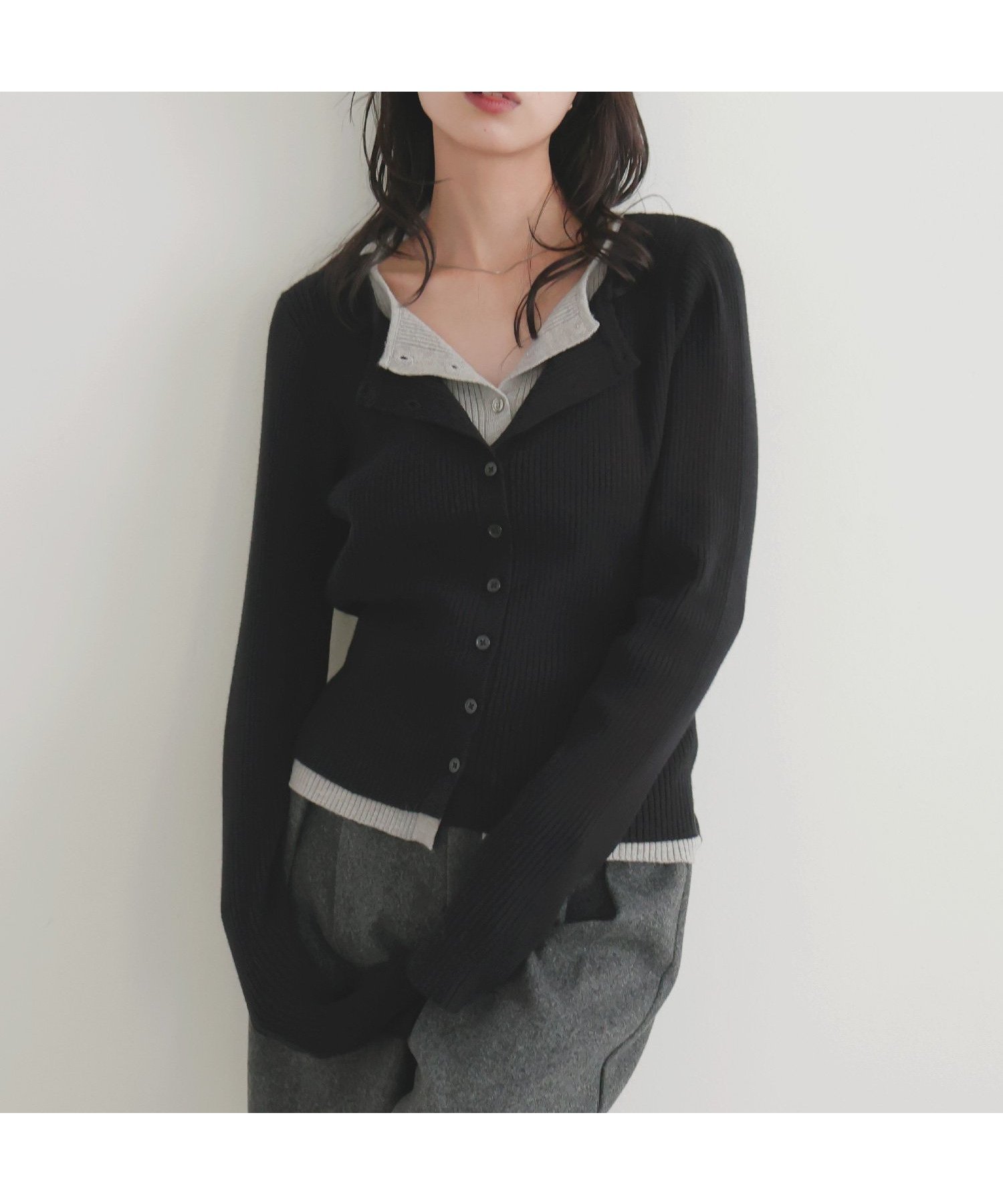 【リアン/Lian】のレイヤードバイカラークルーネックカーディガン インテリア・キッズ・メンズ・レディースファッション・服の通販 founy(ファニー) 　ファッション　Fashion　レディースファッション　Fashion for Women　トップス・カットソー　Cut & Sew Tops　カーディガン・羽織り　Layered Style Cardigans　ブラック|ID: prp329100004702998 ipo3291000000034578545