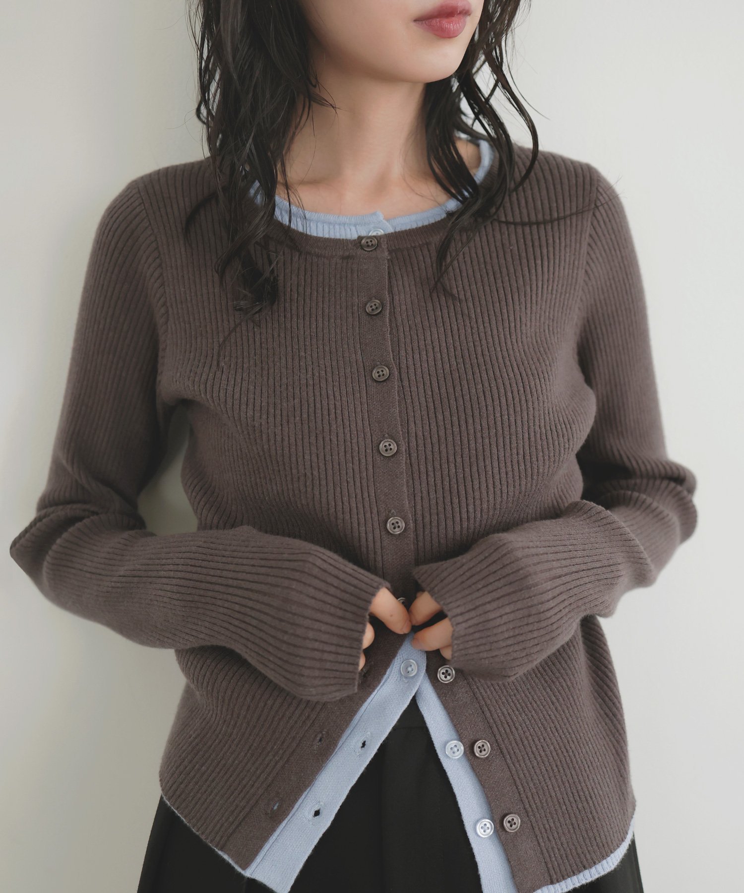 【リアン/Lian】のレイヤードバイカラークルーネックカーディガン インテリア・キッズ・メンズ・レディースファッション・服の通販 founy(ファニー) 　ファッション　Fashion　レディースファッション　Fashion for Women　トップス・カットソー　Cut & Sew Tops　カーディガン・羽織り　Layered Style Cardigans　グレー|ID: prp329100004702998 ipo3291000000034578549