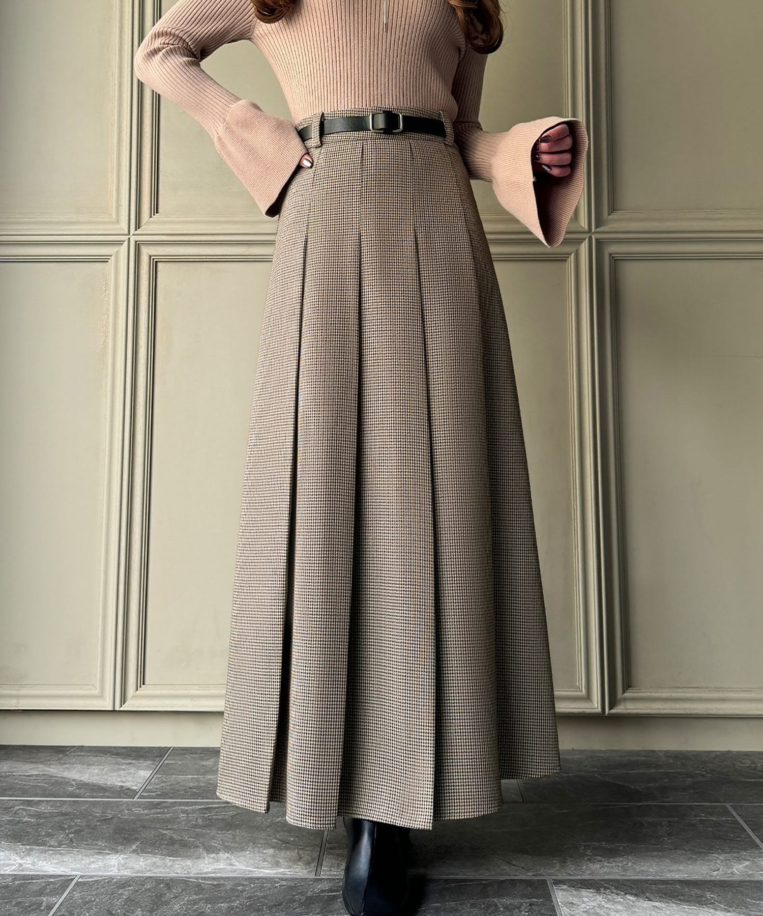 【ジュノア/JUNOAH】の千鳥チェックロングプリーツスカート インテリア・キッズ・メンズ・レディースファッション・服の通販 founy(ファニー) 　ファッション　Fashion　レディースファッション　Fashion for Women　スカート　Skirts　プリーツスカート / 上品フェミニンスタイル　Pleated Skirts　ダークベージュ|ID: prp329100004703767 ipo3291000000033966766