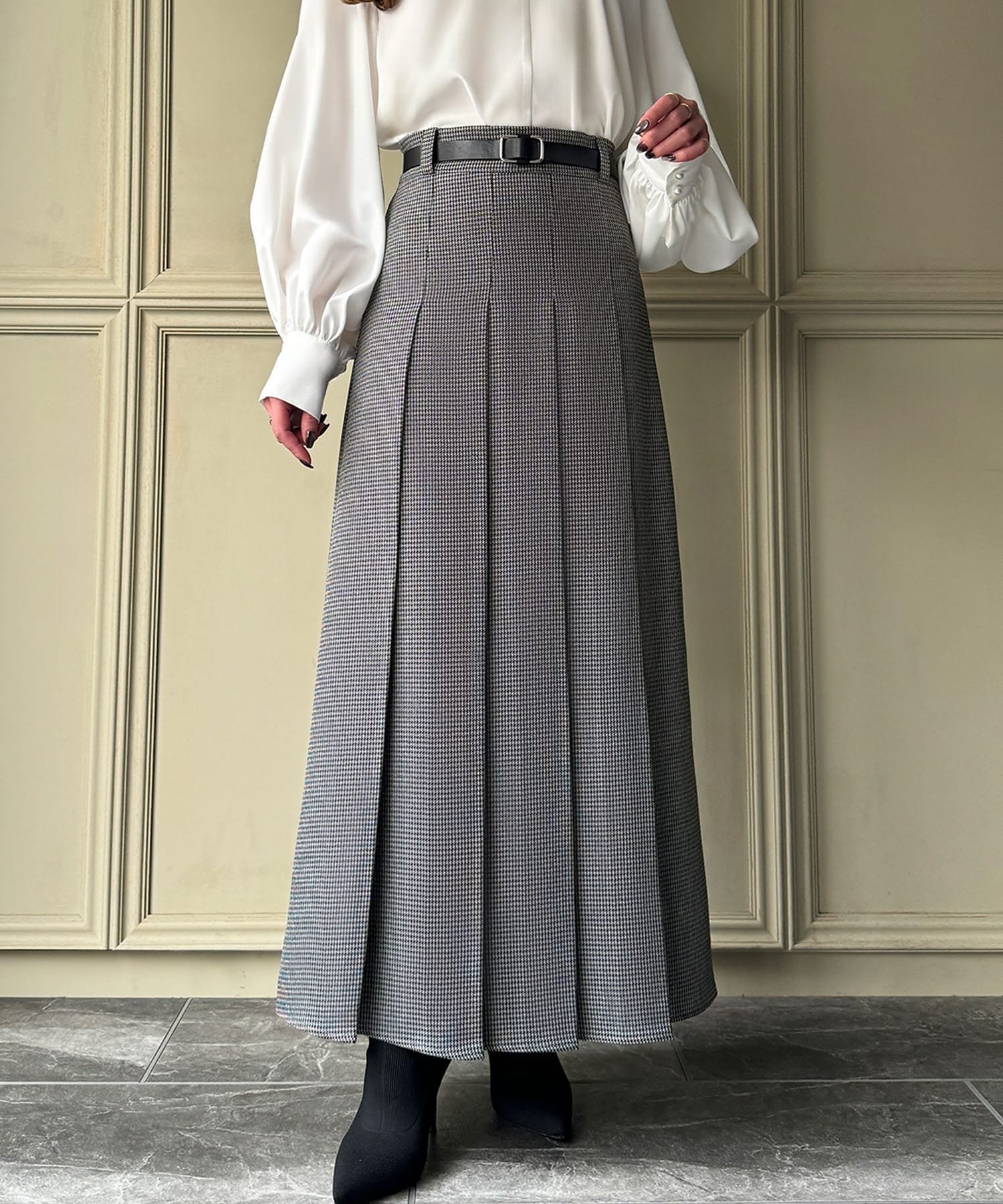 【ジュノア/JUNOAH】の千鳥チェックロングプリーツスカート インテリア・キッズ・メンズ・レディースファッション・服の通販 founy(ファニー) 　ファッション　Fashion　レディースファッション　Fashion for Women　スカート　Skirts　プリーツスカート / 上品フェミニンスタイル　Pleated Skirts　ダークグレー|ID: prp329100004703767 ipo3291000000033966767
