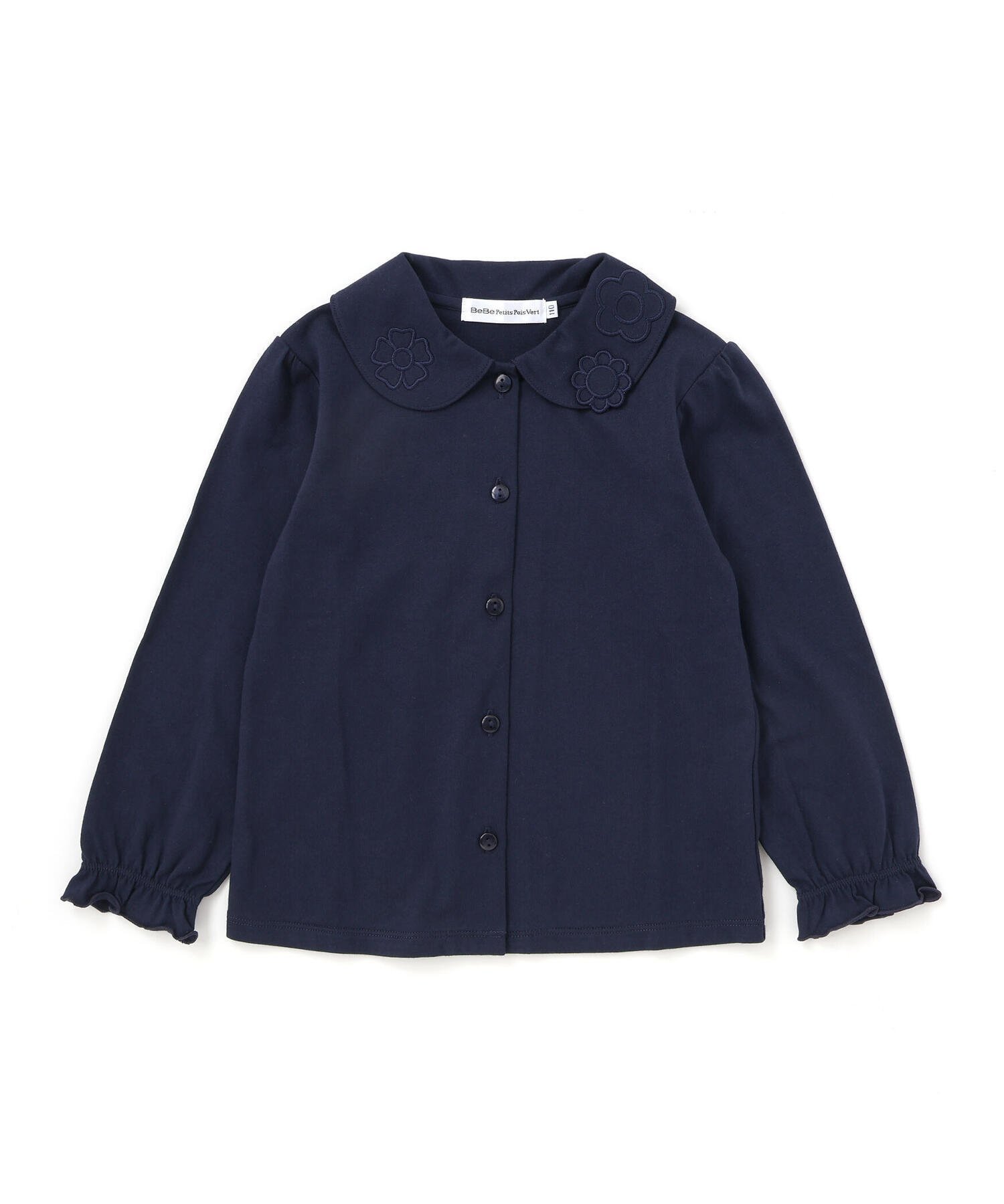 【ベベ オンライン ストア/BEBE ONLINE STORE / KIDS】の【店舗限定】襟付き花ワッペン刺しゅう天竺長袖ブラウス(95~150cm) インテリア・キッズ・メンズ・レディースファッション・服の通販 founy(ファニー) 　ファッション　Fashion　キッズファッション　Fashion for Kids　ガーリー　Girly, Feminine Style　キュロット　Culottes, Wide Shorts　ギャザー　Gathered, Ruffled　スタンダード　Standard, Basic　トレンド　Trend, Trending Now　長袖　Long Sleeve, Full Sleeve　A/W・秋冬　Autumn/Winter　おすすめ　Recommended / Our Picks　エレガント 上品　Elegant　2025年　2025　2025-2026秋冬・A/W　Autumn/Winter 2025–26 AW25–26　ネイビー|ID: prp329100004704181 ipo3291000000034054265
