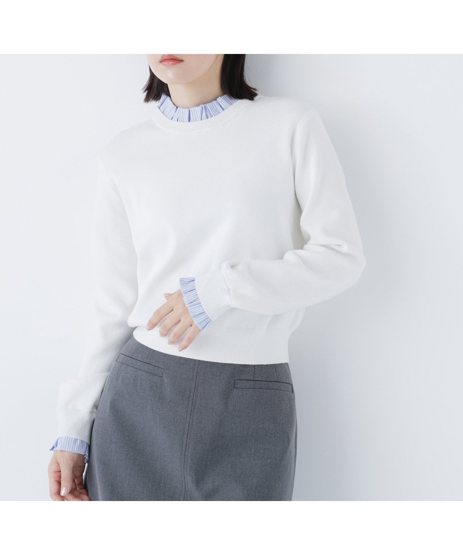 【ナチュラル ビューティー ベーシック/NATURAL BEAUTY BASIC】のストライプフリルネックニット インテリア・キッズ・メンズ・レディースファッション・服の通販 founy(ファニー) ファッション Fashion レディースファッション Fashion for Women トップス・カットソー Cut & Sew Tops ニット Knit Tops & Sweaters ストライプ Stripe, Striped Pattern ドッキング Docking, Mixed Material フリル Frill, Ruffle ブロード Broadcloth, Fine Cotton オフ1|ID: prp329100004704533 ipo3291000000034591915